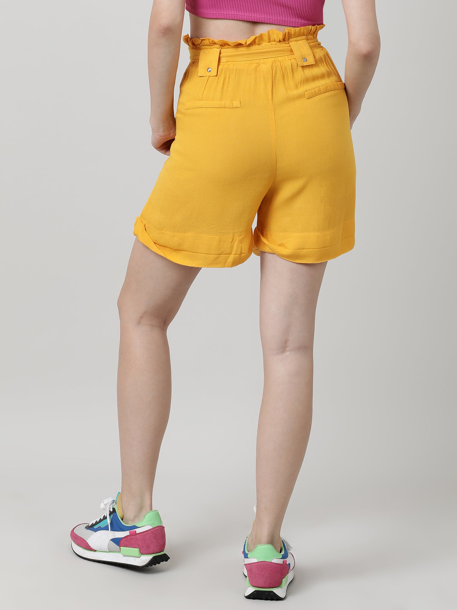 Women Slim Fit Yellow Paper Bag Shorts With Belt