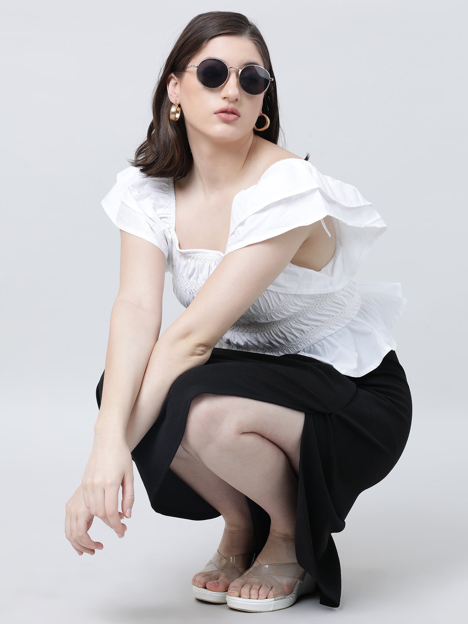 Women Slim Fit White Cinched Top With Frilled Sleeves