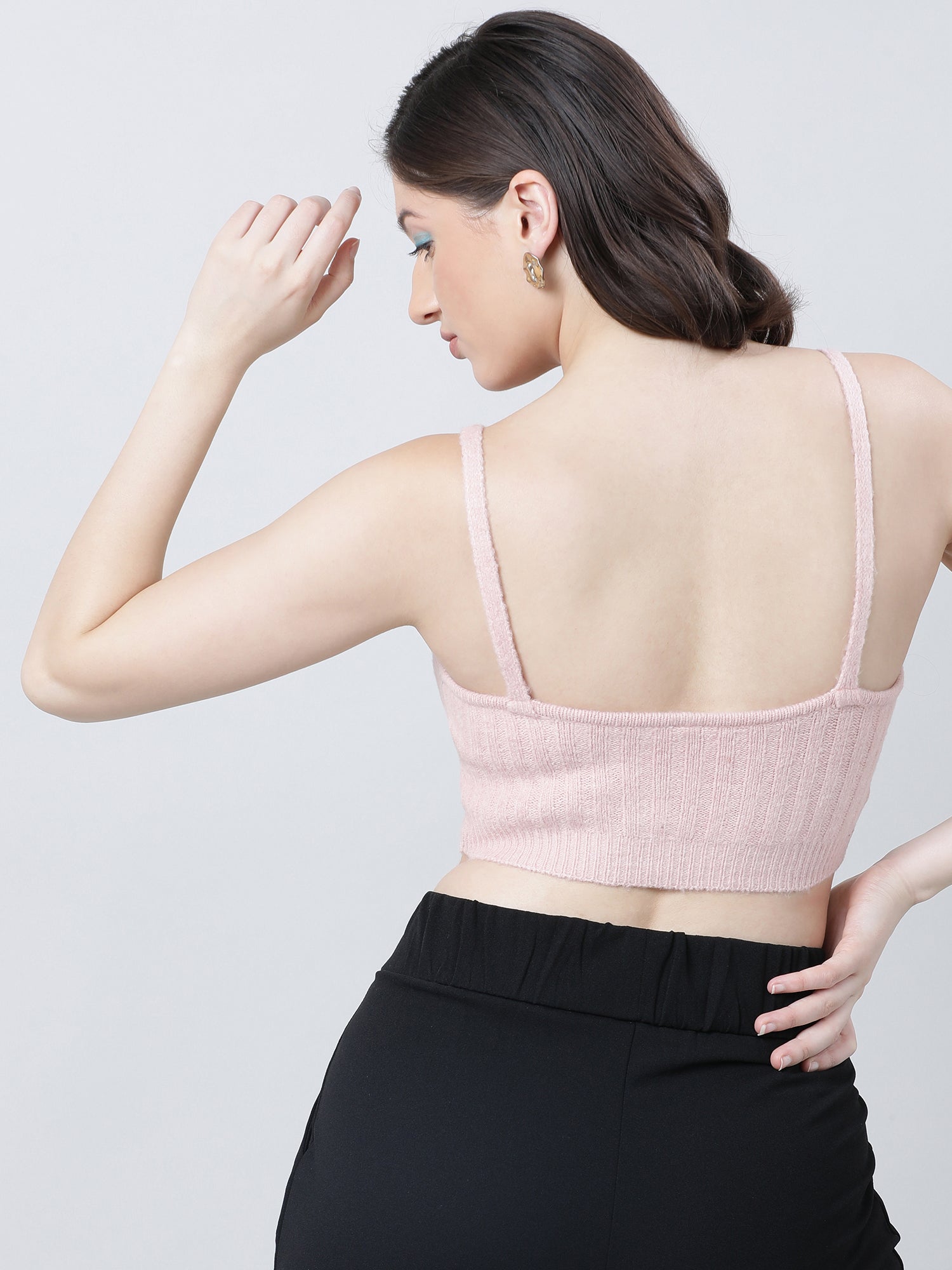 Women Slim Fit Light Pink Ribbed Strappy Crop Top