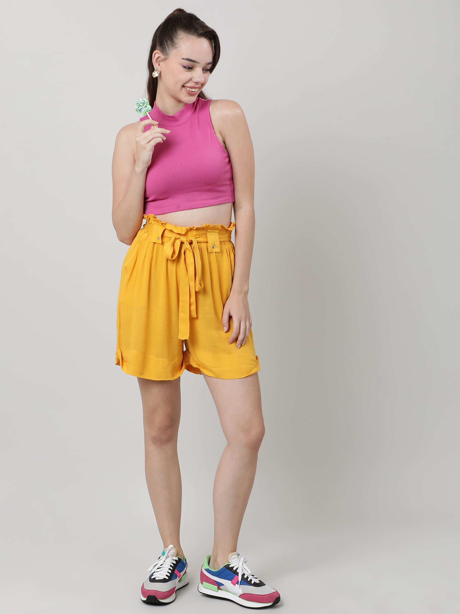 Women Slim Fit Yellow Paper Bag Shorts With Belt