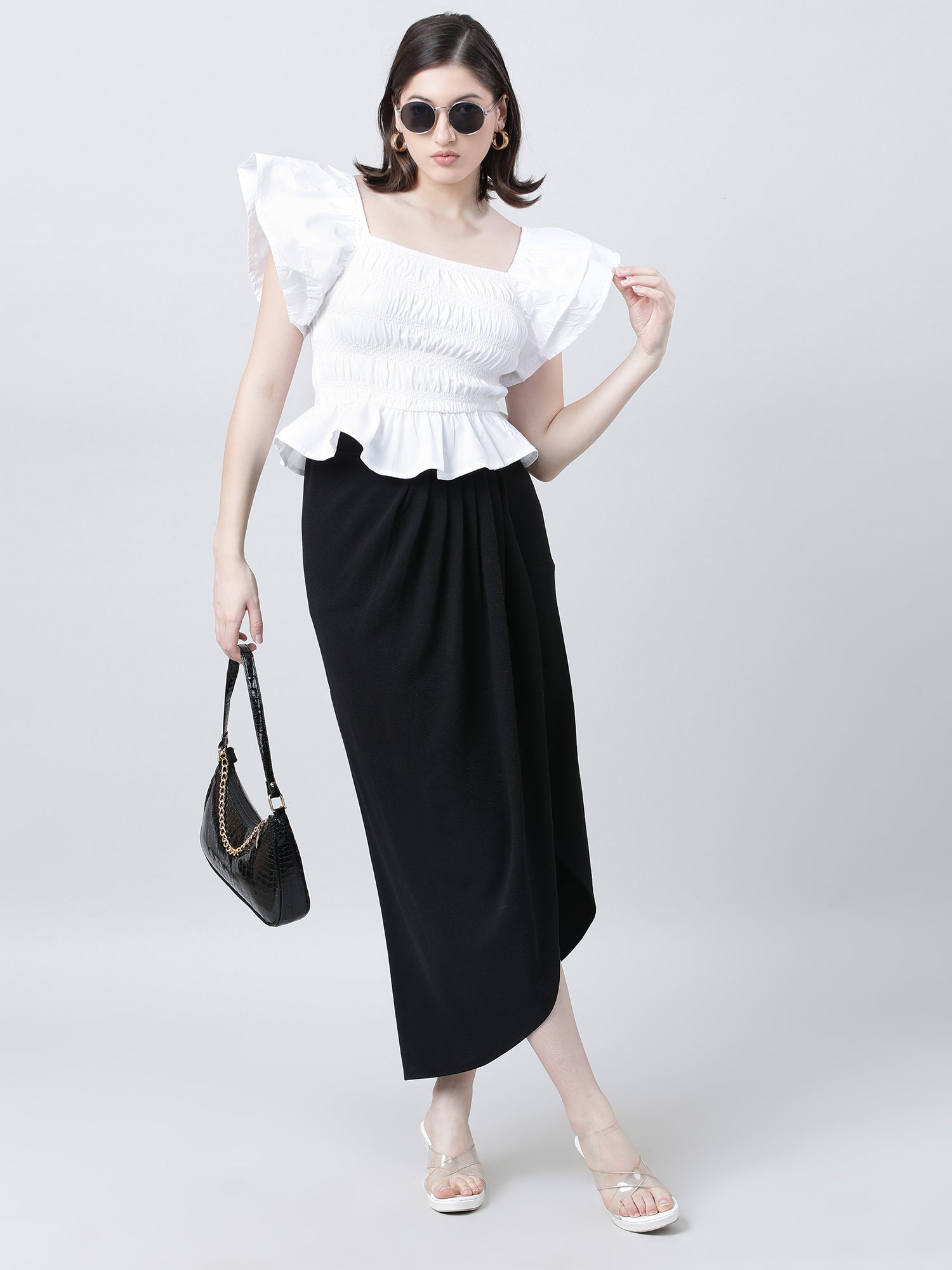 Women Slim Fit White Cinched Top With Frilled Sleeves