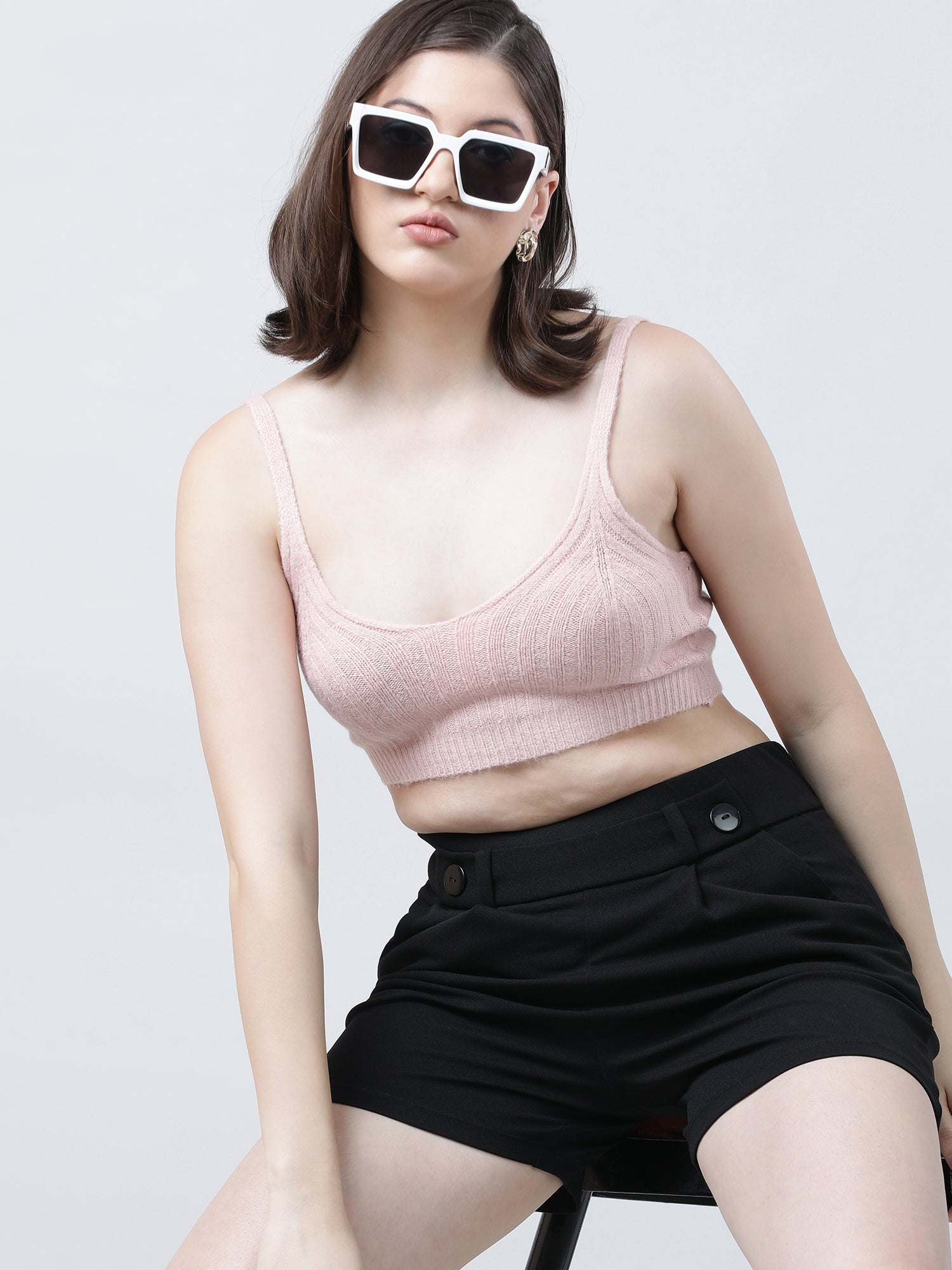 Women Slim Fit Light Pink Ribbed Strappy Crop Top