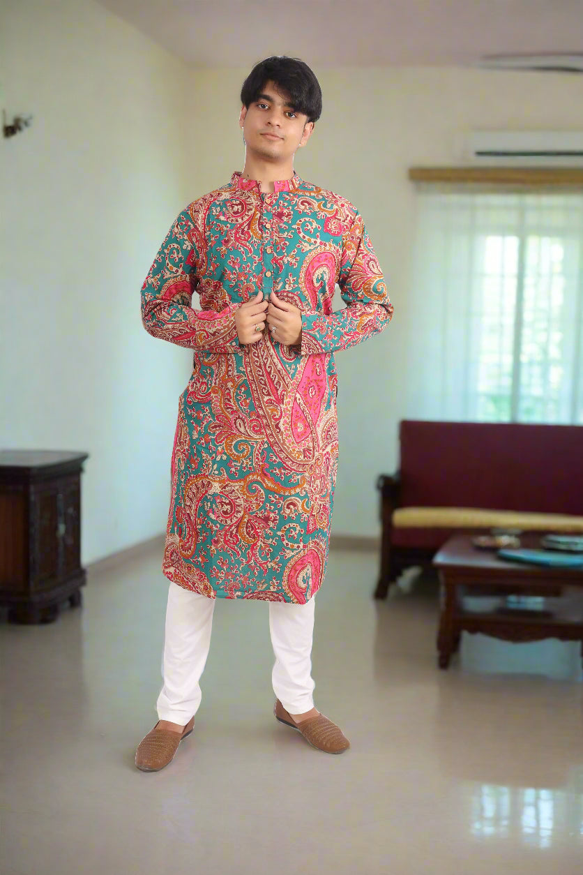 Men Magenta Cotton ethnic motif Printed Straight Kurta