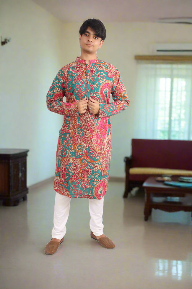 Men Magenta Cotton ethnic motif Printed Straight Kurta