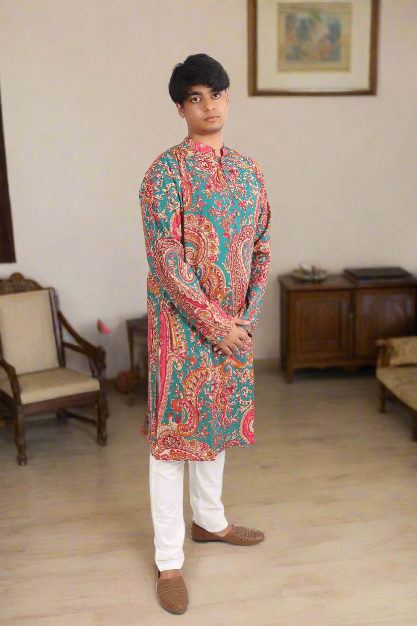 Men Magenta Cotton ethnic motif Printed Straight Kurta