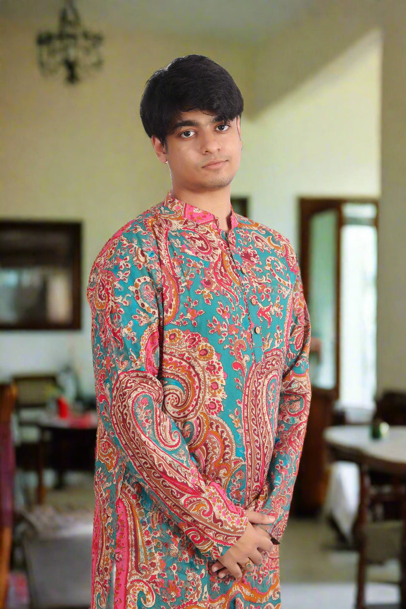 Men Magenta Cotton ethnic motif Printed Straight Kurta