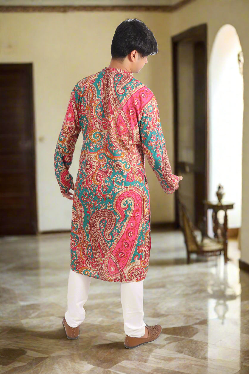 Men Magenta Cotton ethnic motif Printed Straight Kurta
