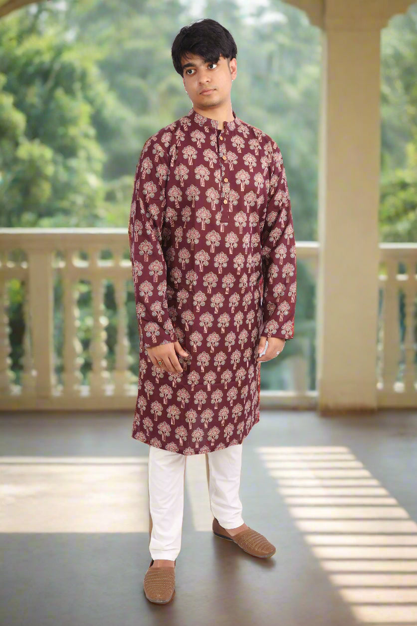 Men Burgundy Cotton ethnic motif Printed Straight Kurta