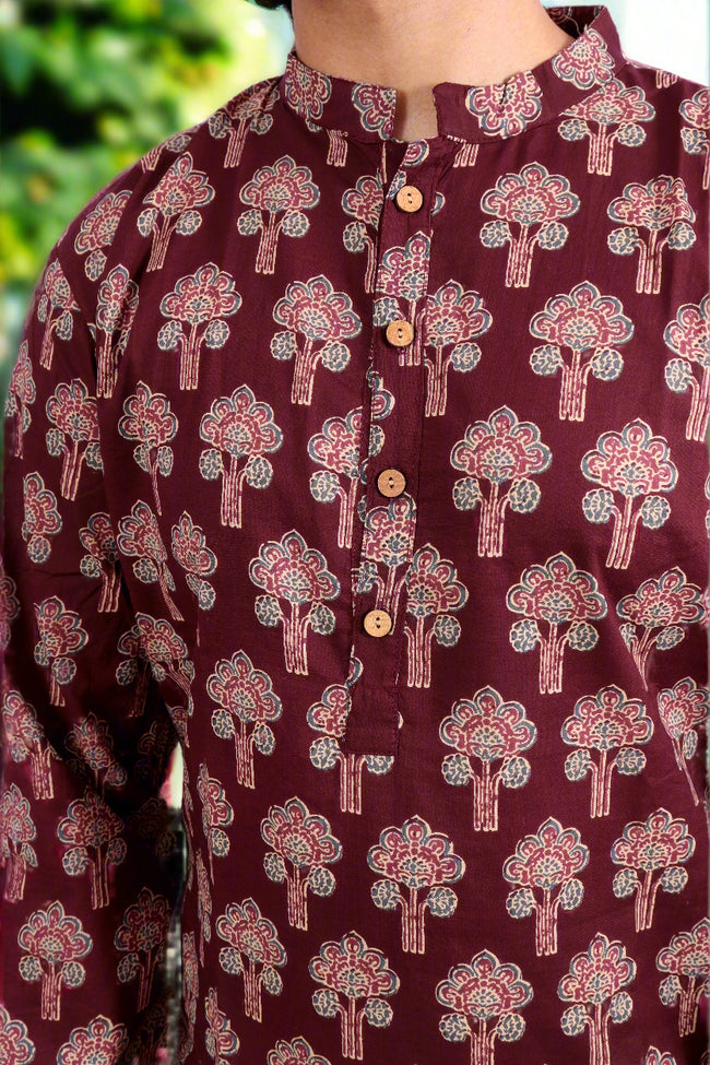 Men Burgundy Cotton ethnic motif Printed Straight Kurta
