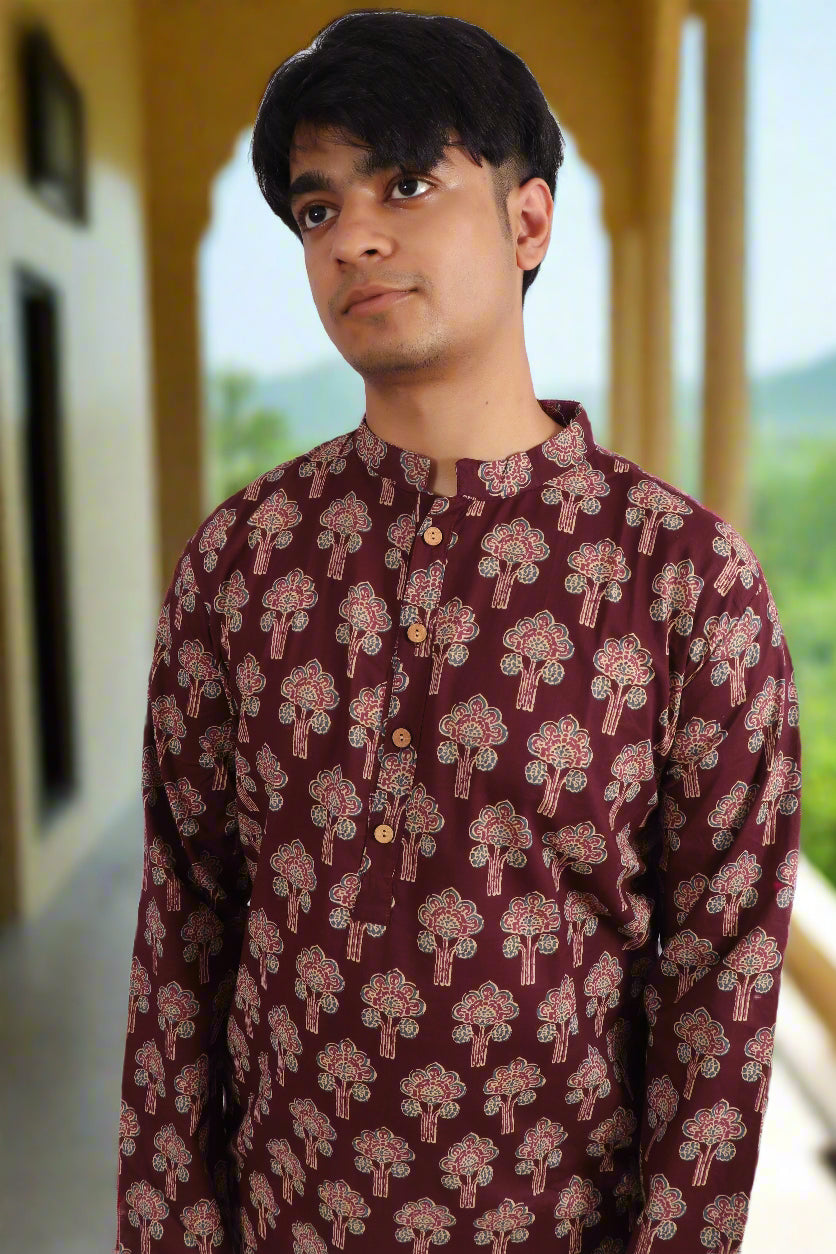 Men Burgundy Cotton ethnic motif Printed Straight Kurta