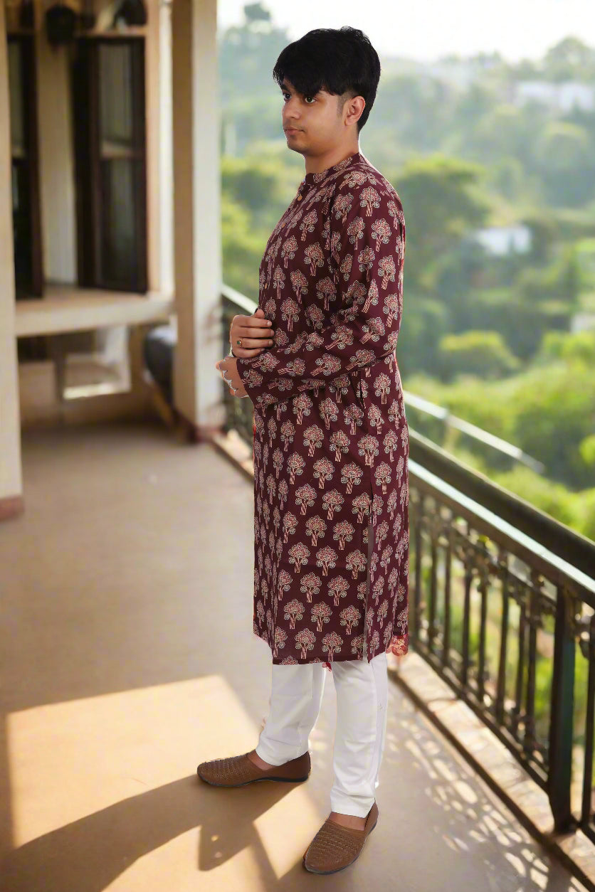 Men Burgundy Cotton ethnic motif Printed Straight Kurta