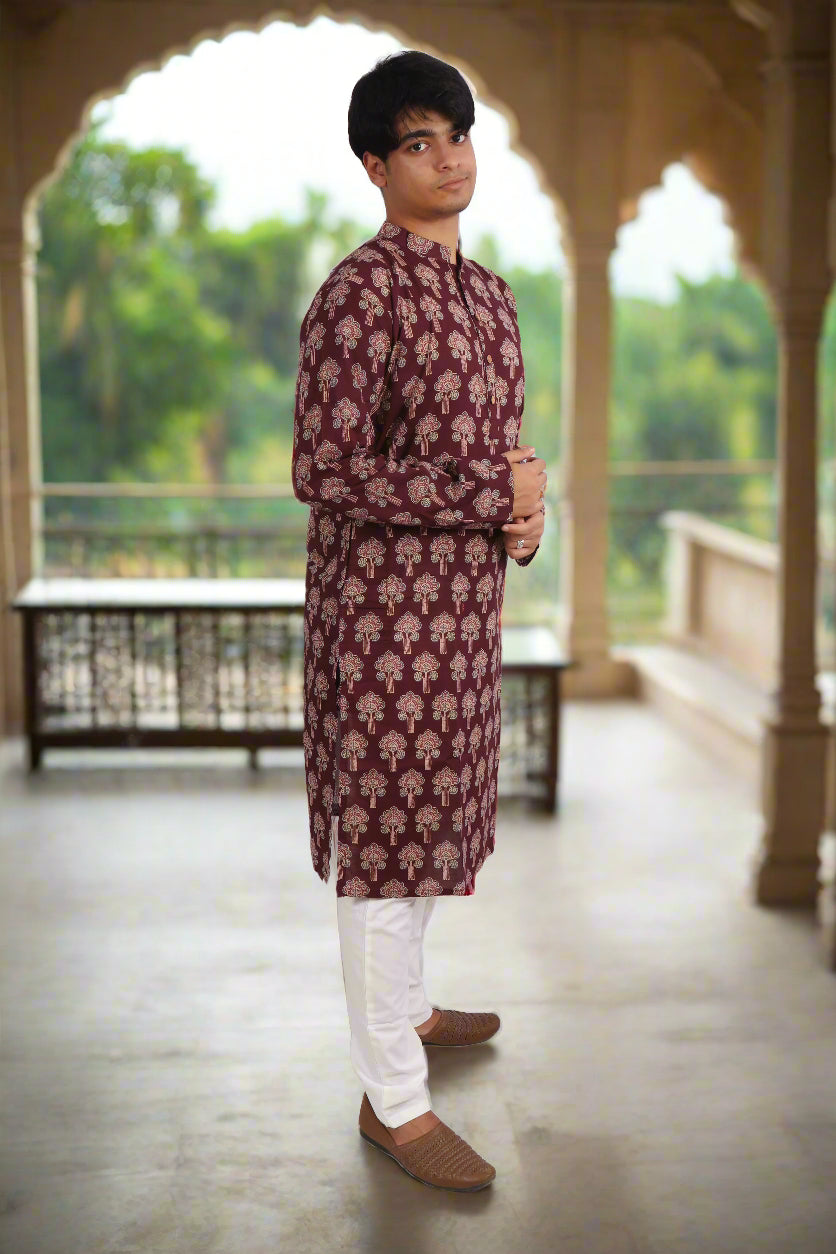 Men Burgundy Cotton ethnic motif Printed Straight Kurta