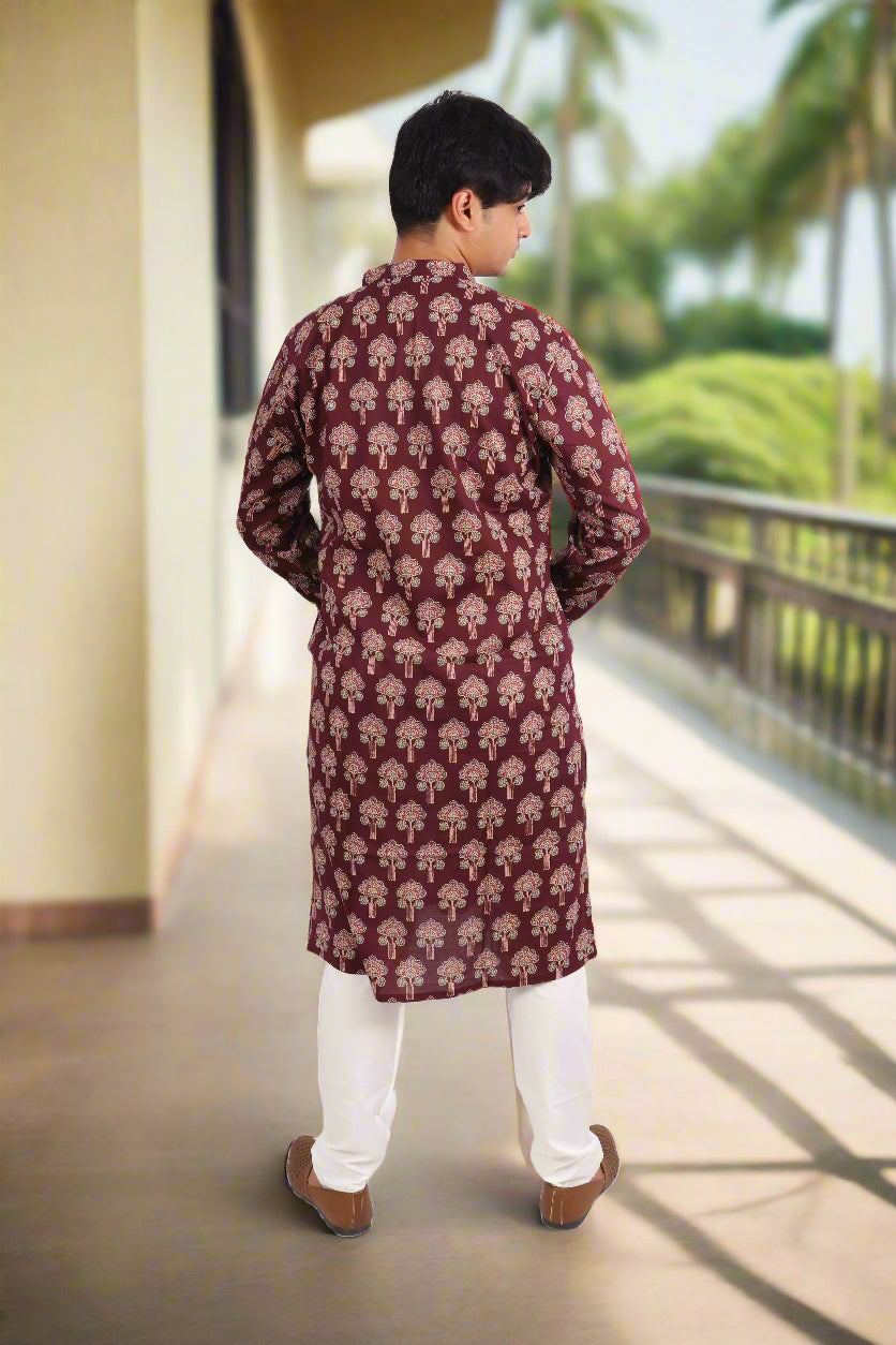 Men Burgundy Cotton ethnic motif Printed Straight Kurta