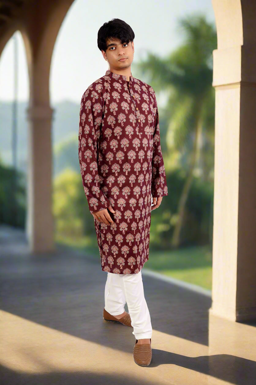 Men Burgundy Cotton ethnic motif Printed Straight Kurta