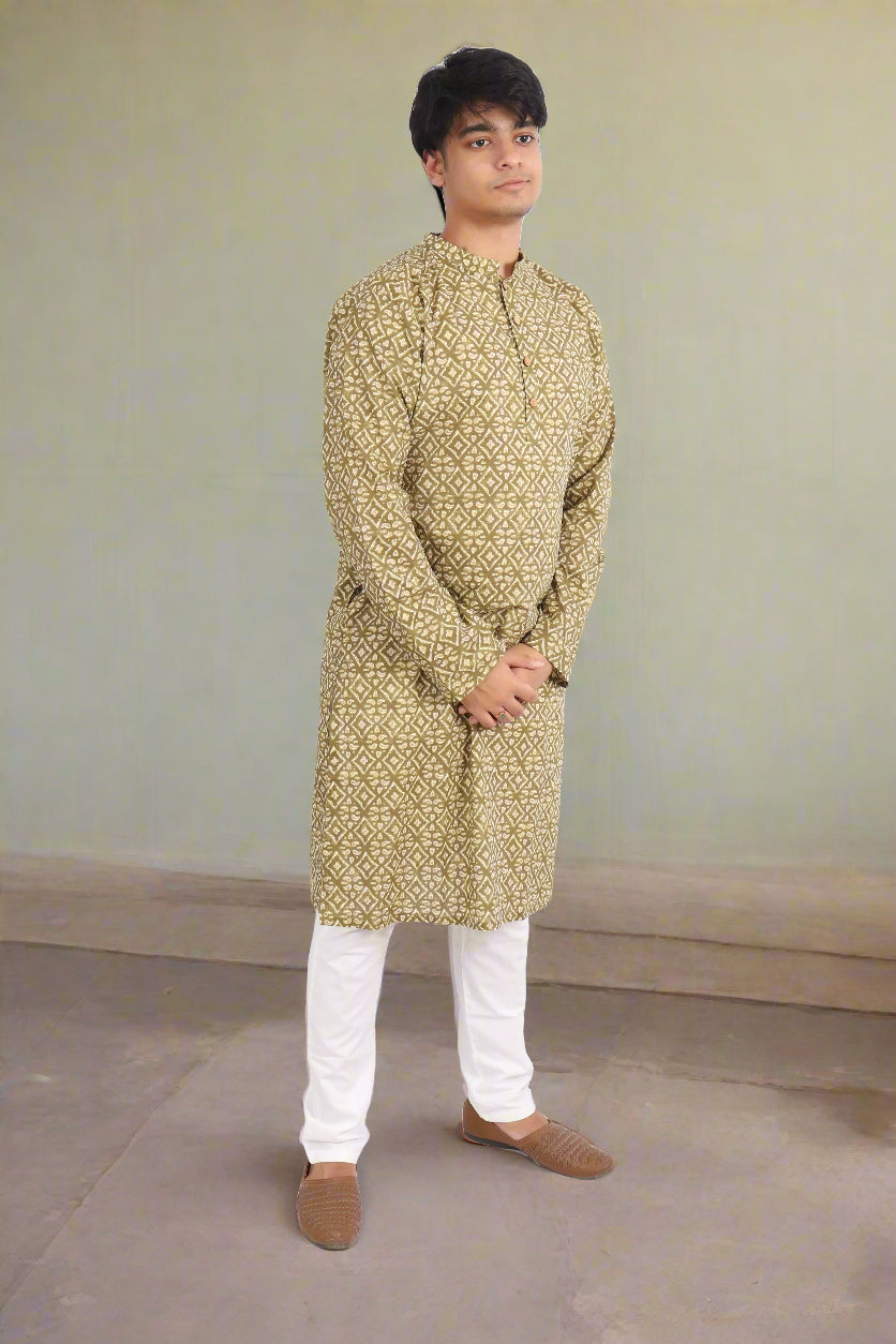 Men Olive Cotton Geometric Printed Straight Kurta