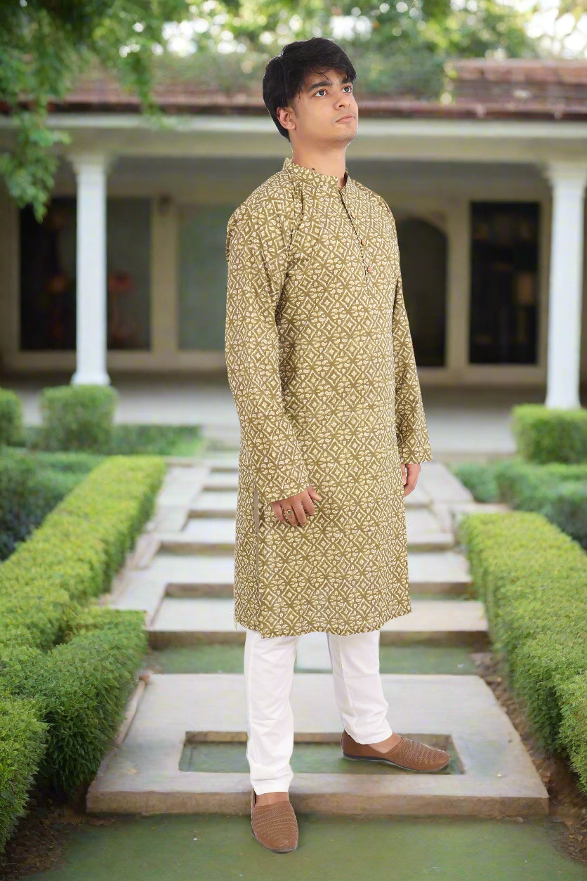 Men Olive Cotton Geometric Printed Straight Kurta