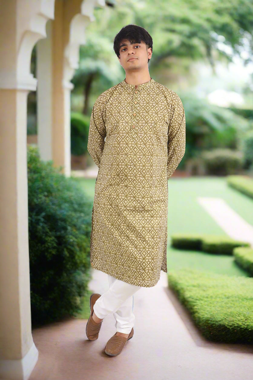 Men Olive Cotton Geometric Printed Straight Kurta