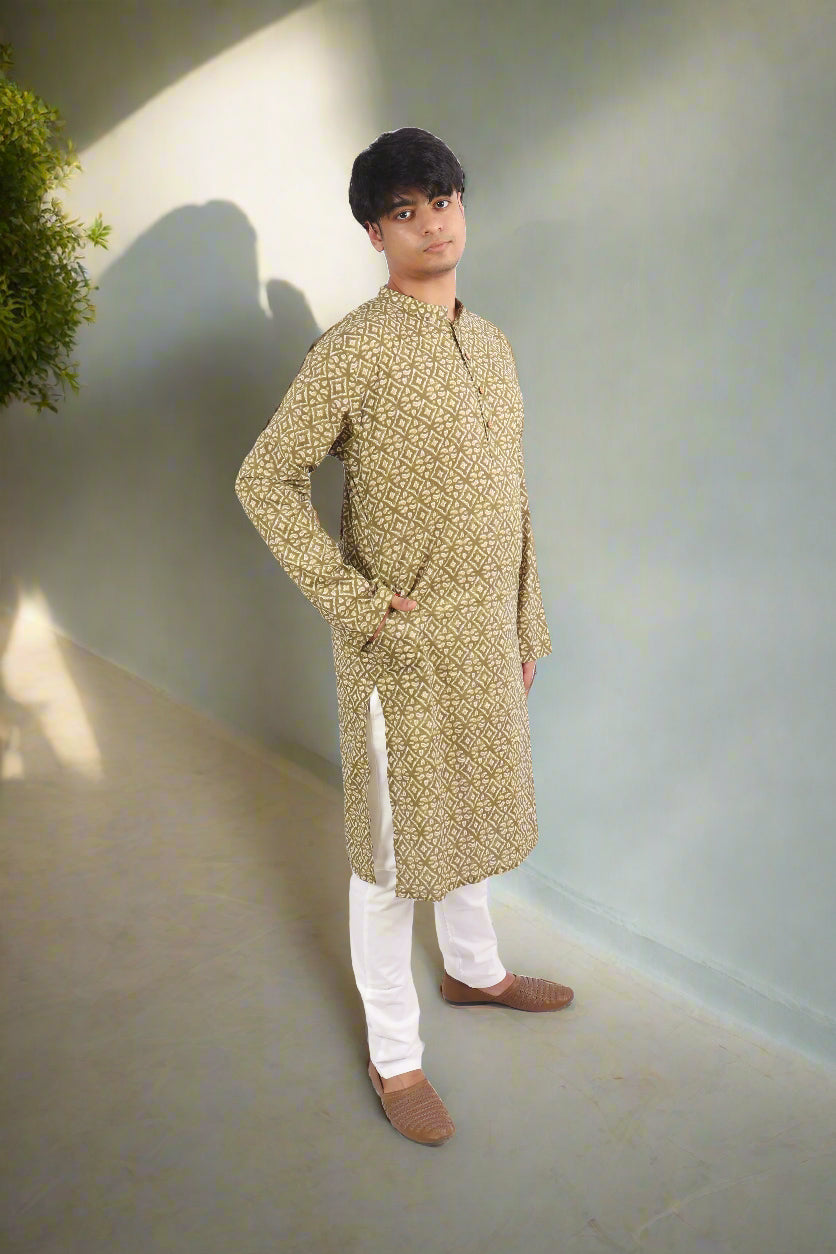 Men Olive Cotton Geometric Printed Straight Kurta