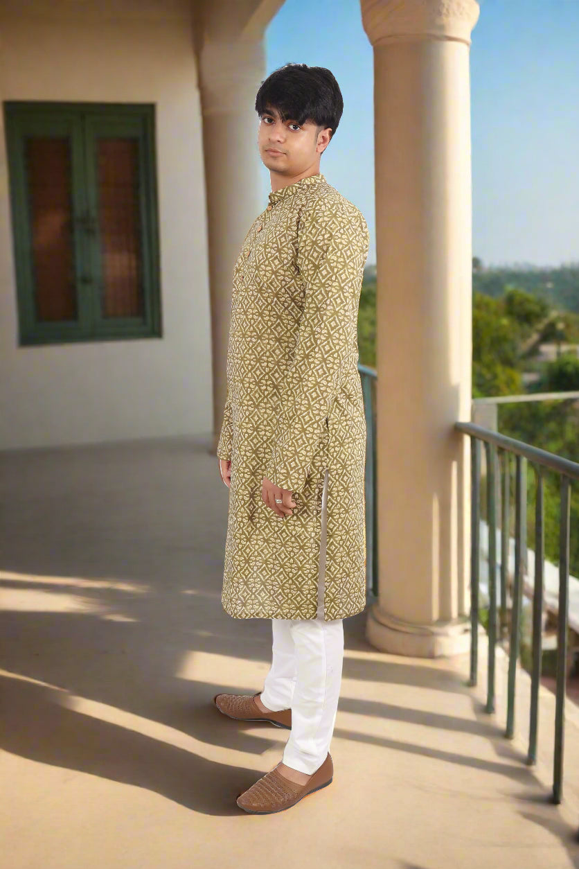 Men Olive Cotton Geometric Printed Straight Kurta