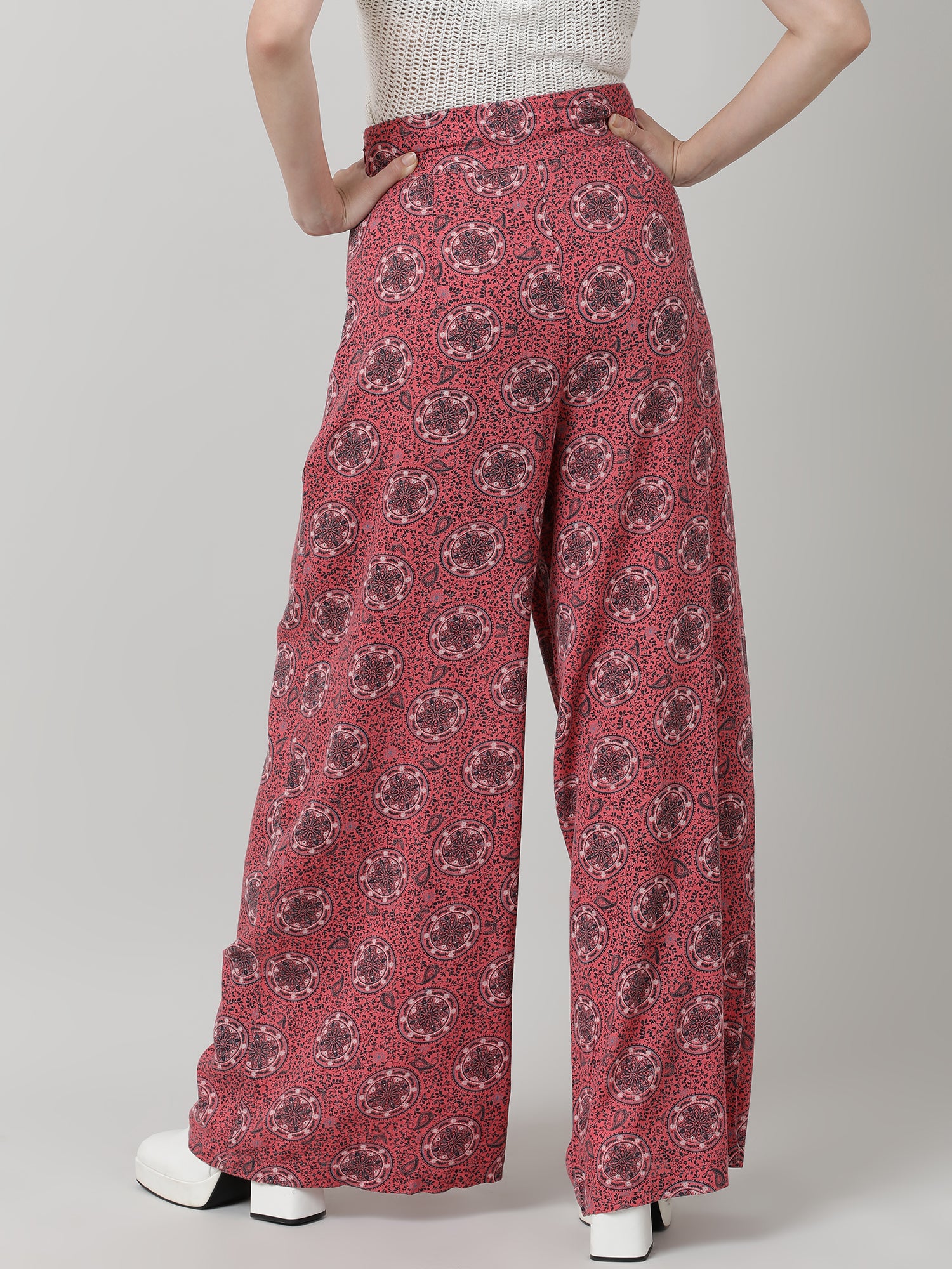 Women Relaxed Fit Printed Maroon Flared Pants