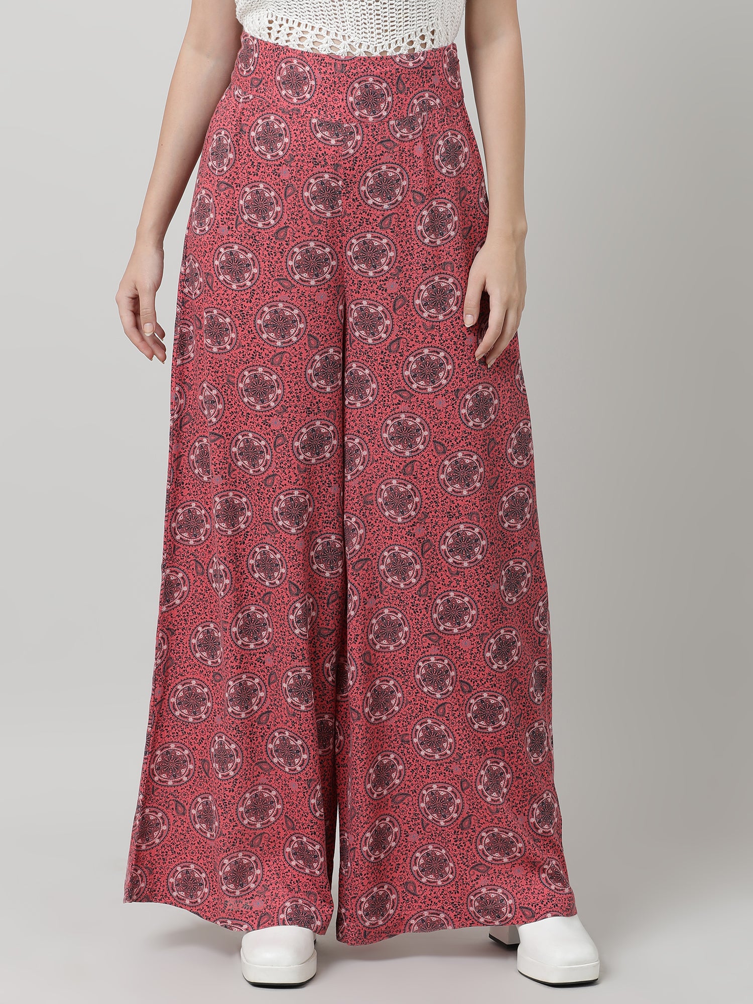 Women Relaxed Fit Printed Maroon Flared Pants