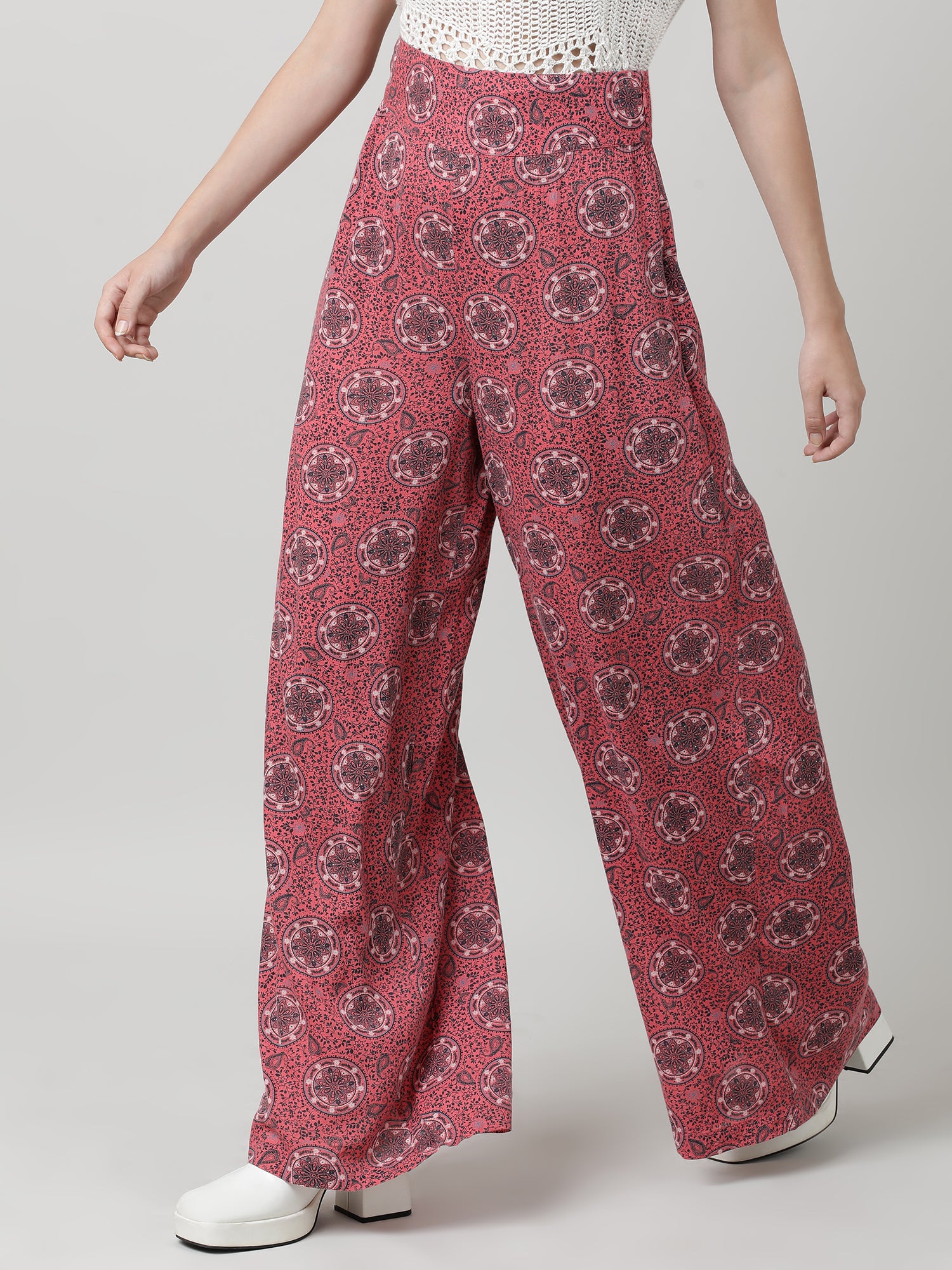 Women Relaxed Fit Printed Maroon Flared Pants