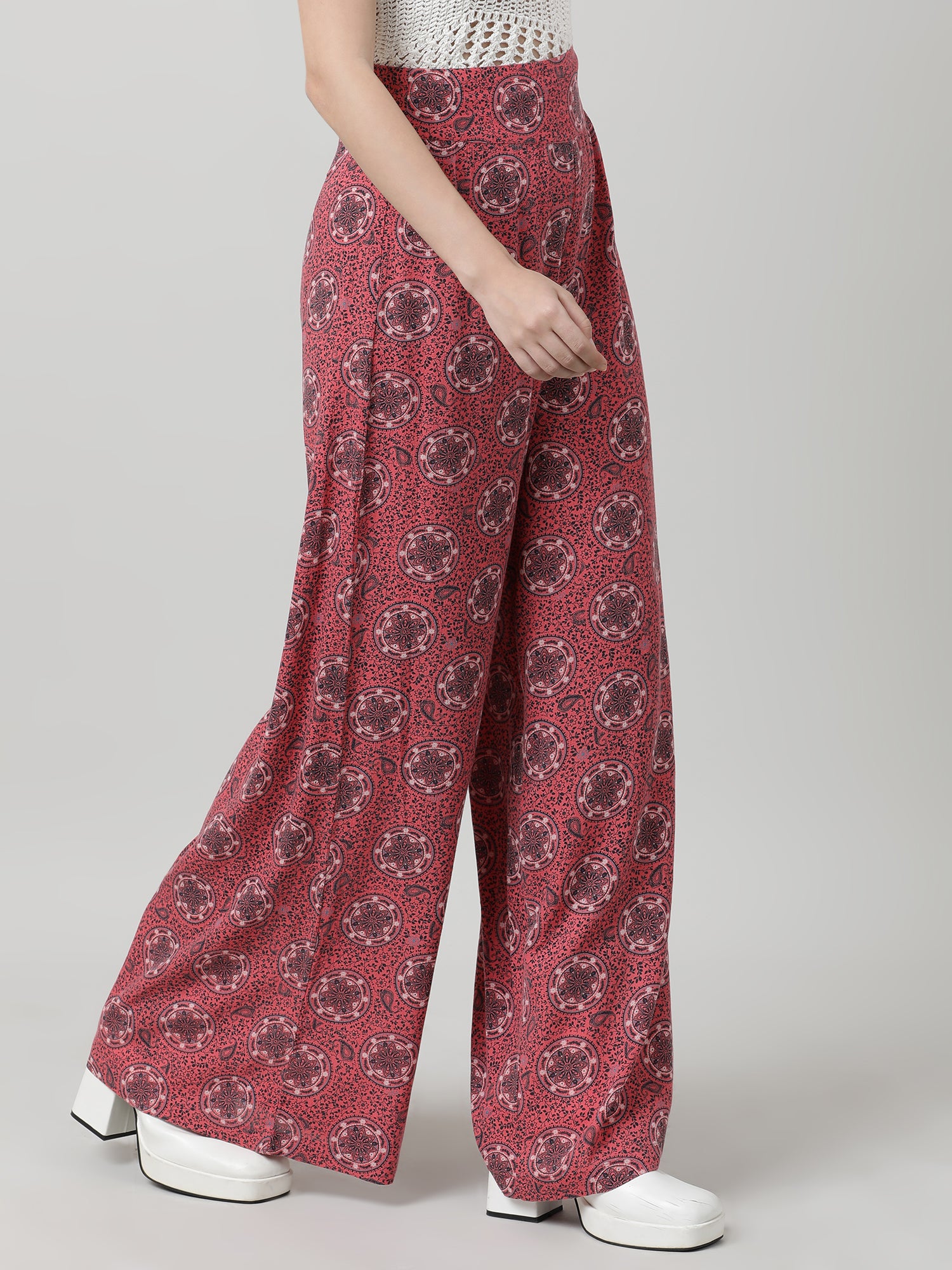 Women Relaxed Fit Printed Maroon Flared Pants