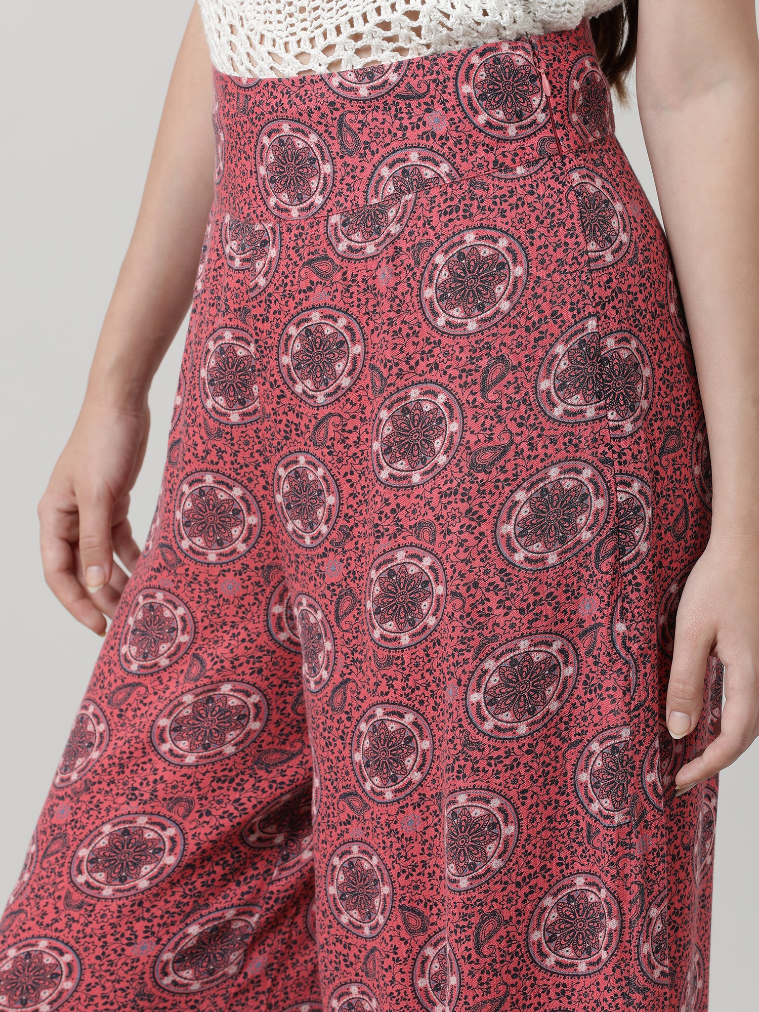 Women Relaxed Fit Printed Maroon Flared Pants