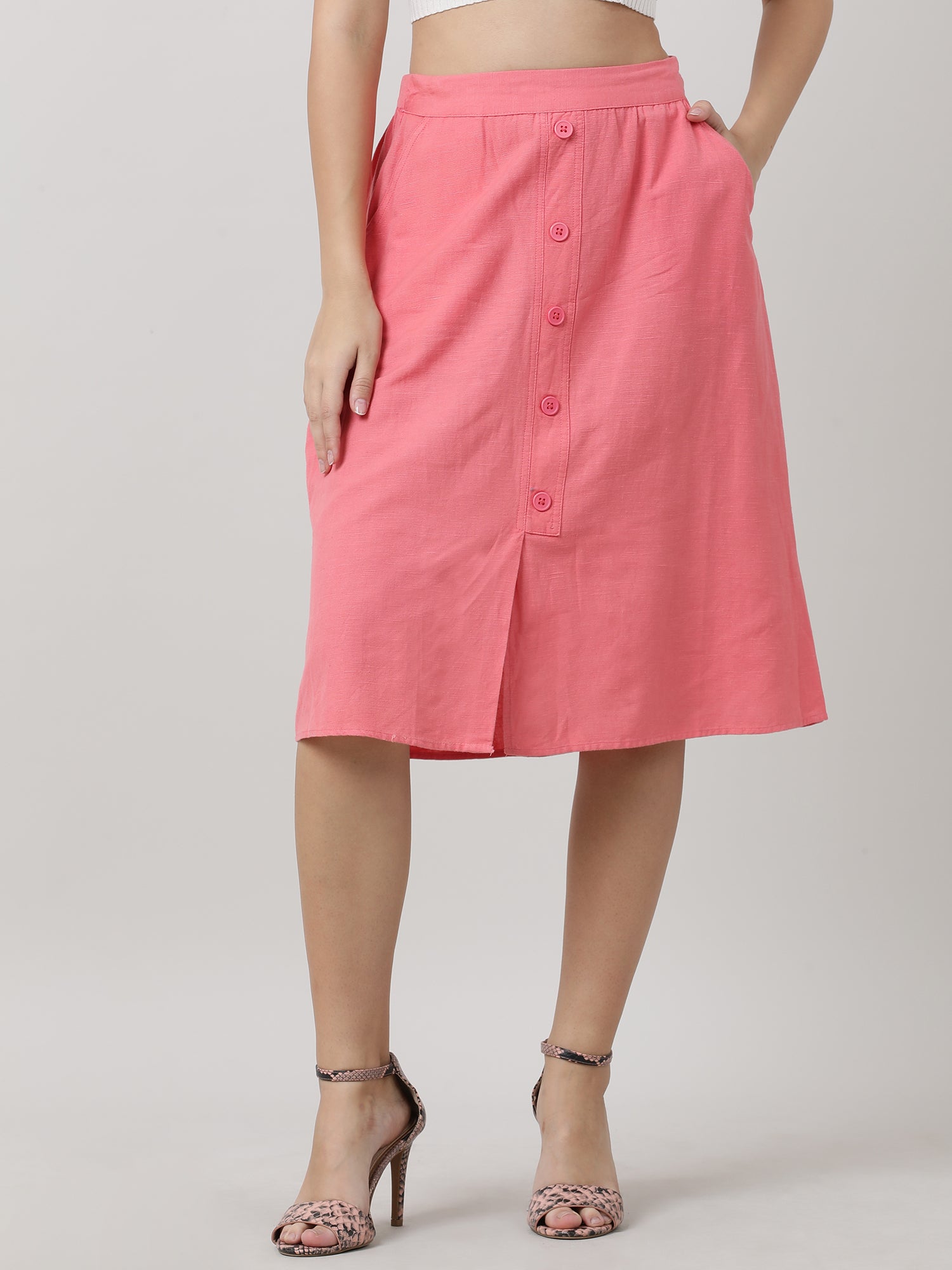 Women Pink With Pocket Midi Skirt