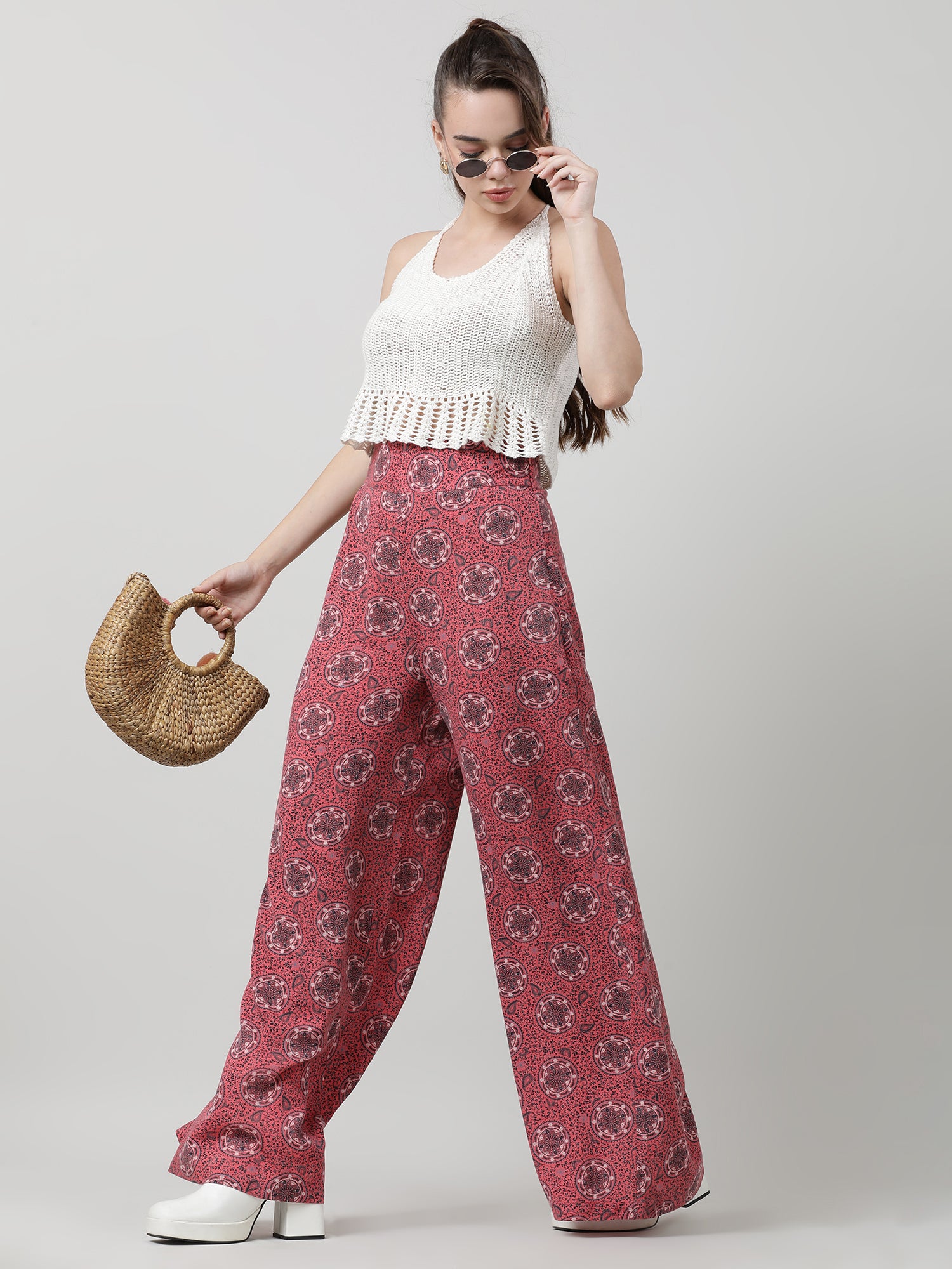 Women Relaxed Fit Printed Maroon Flared Pants