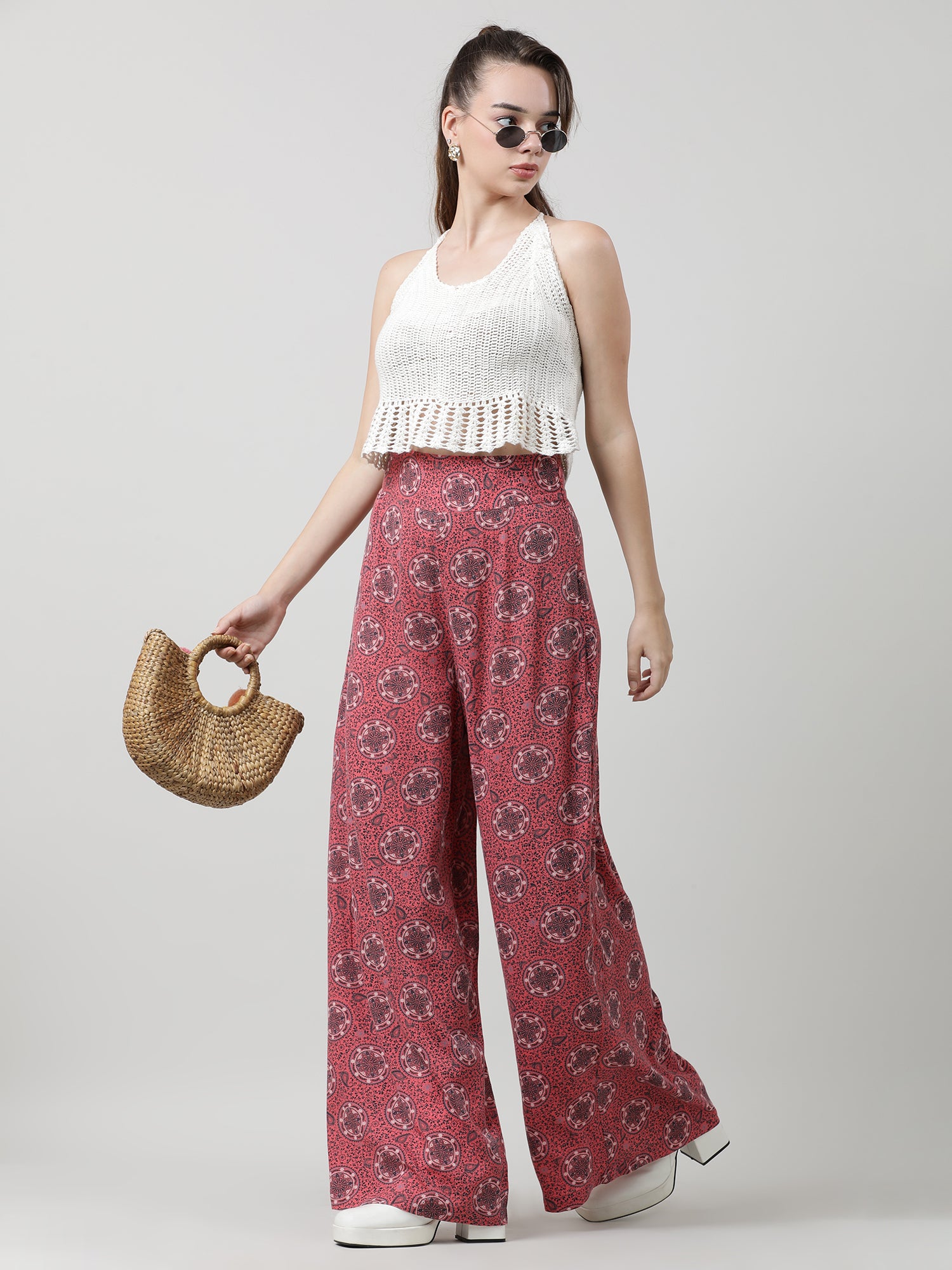 Women Relaxed Fit Printed Maroon Flared Pants