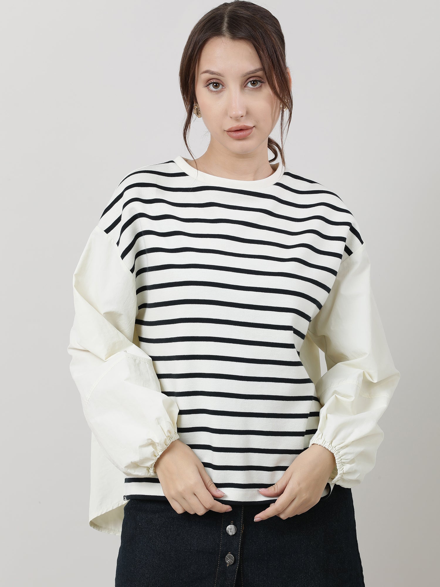 Women Relaxed Fit Cream Striped Top