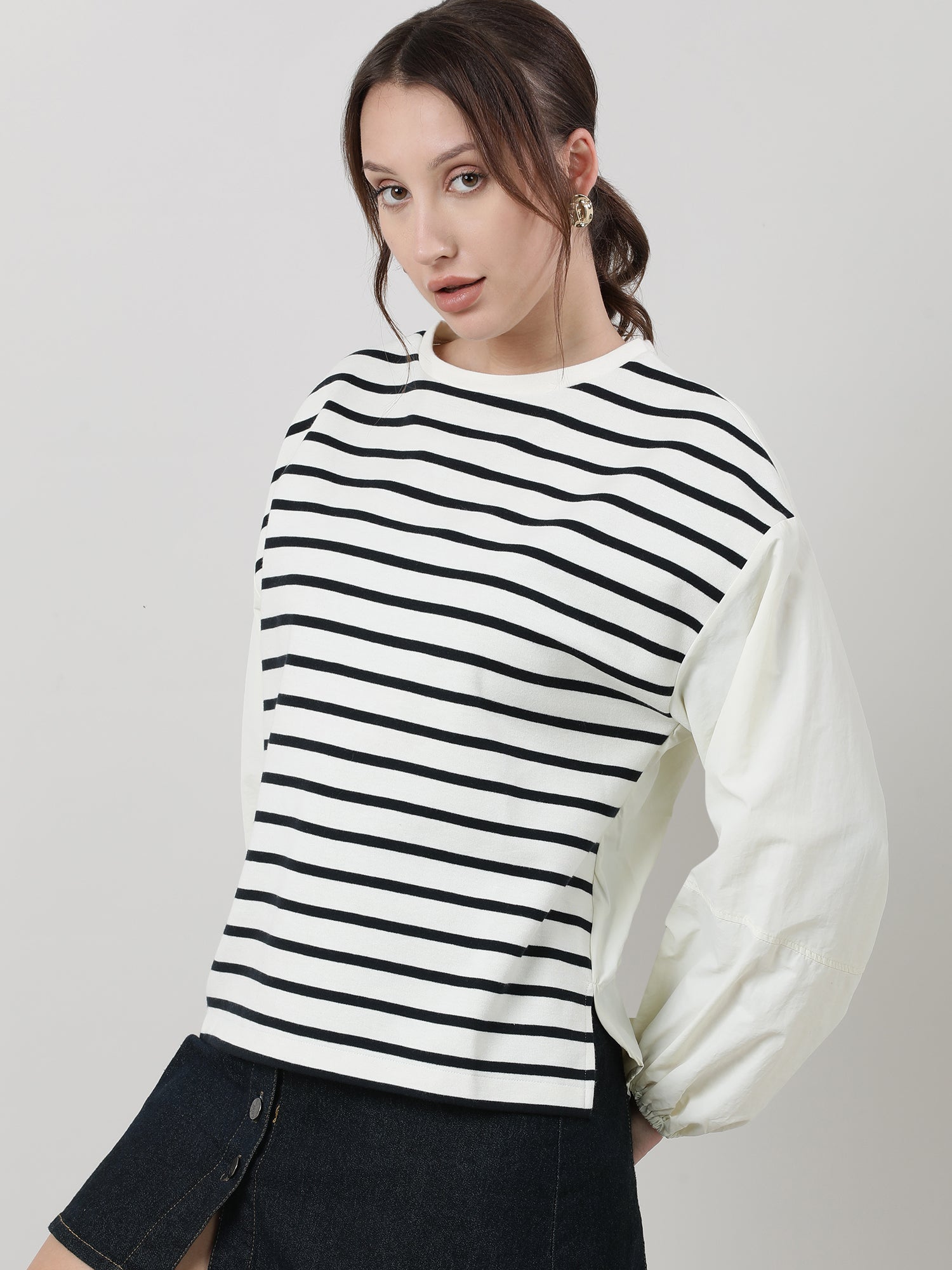 Women Relaxed Fit Cream Striped Top