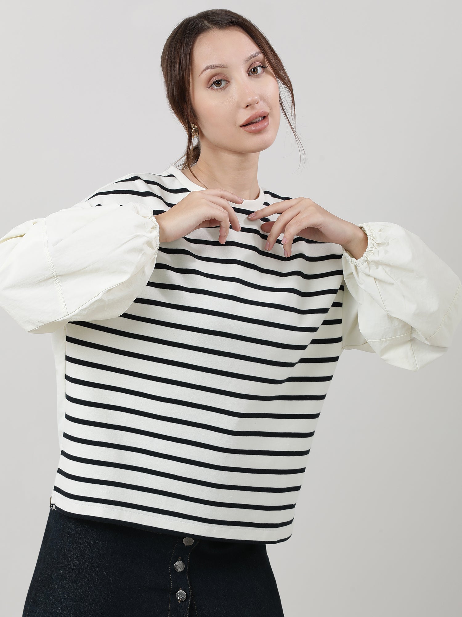 Women Relaxed Fit Cream Striped Top