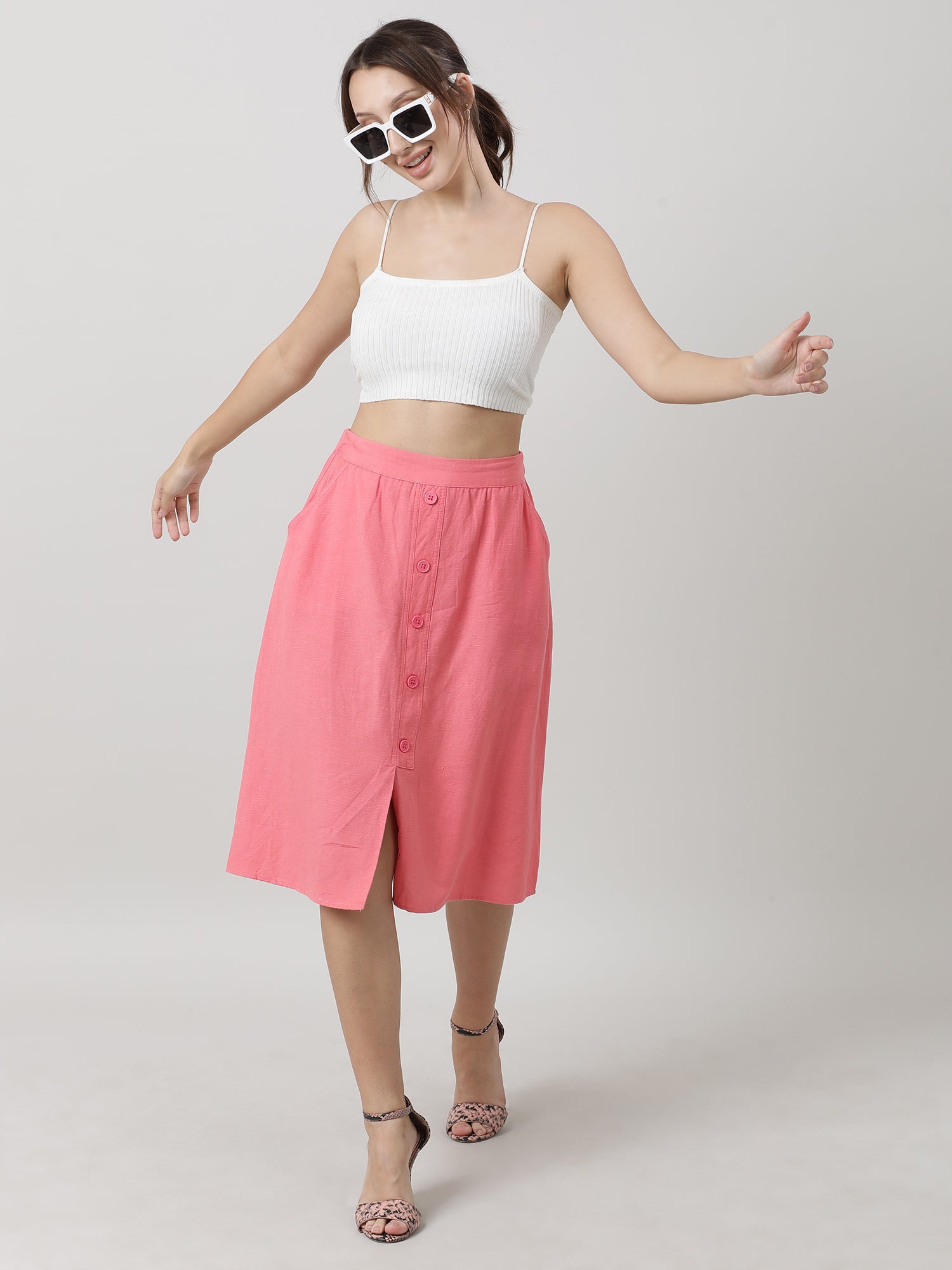 Women Pink With Pocket Midi Skirt