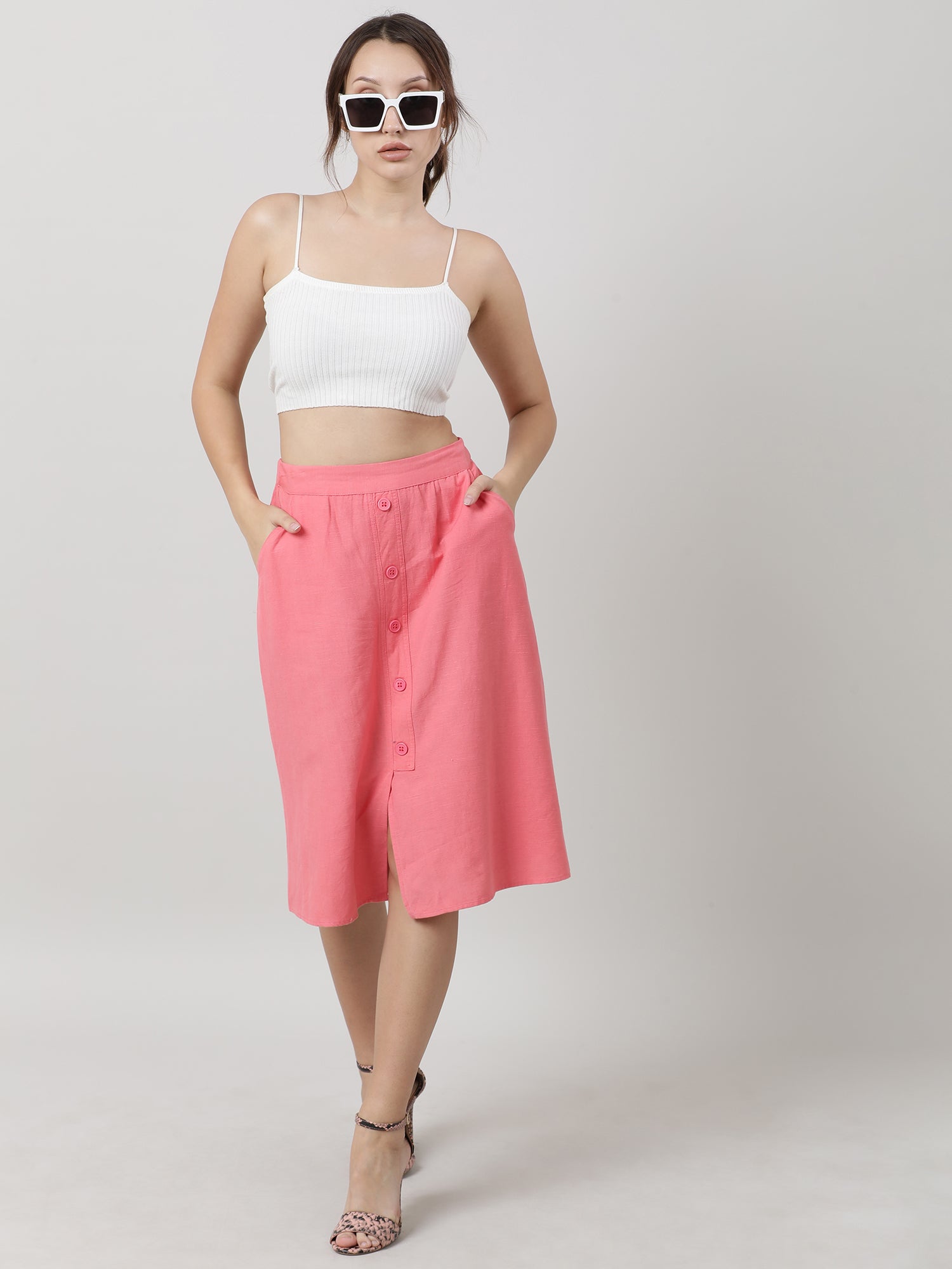 Women Pink With Pocket Midi Skirt