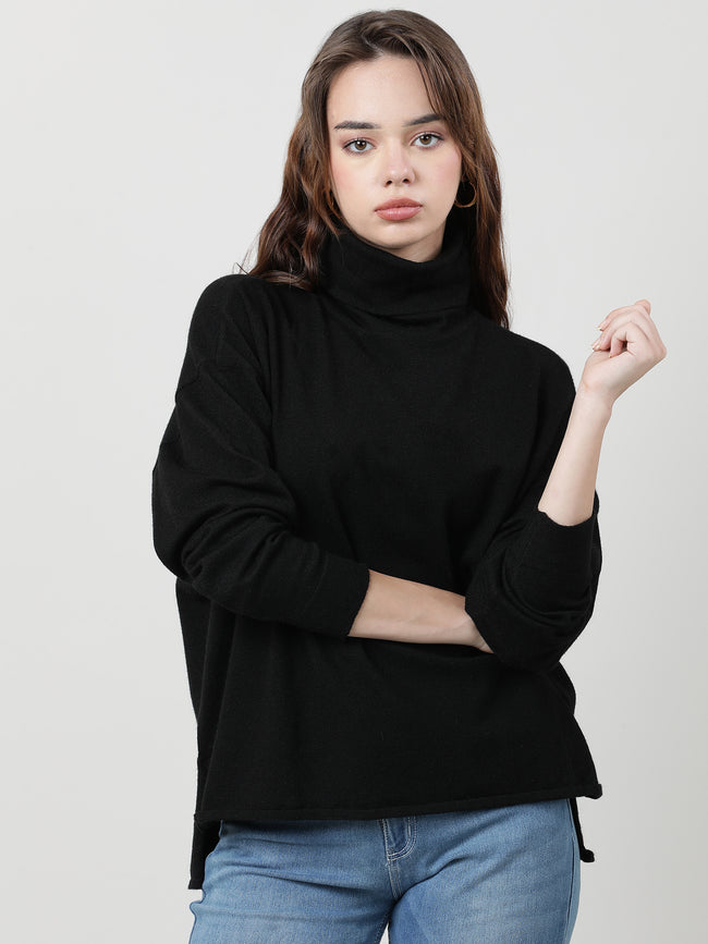 Women Black Turtle Neck Knit Top