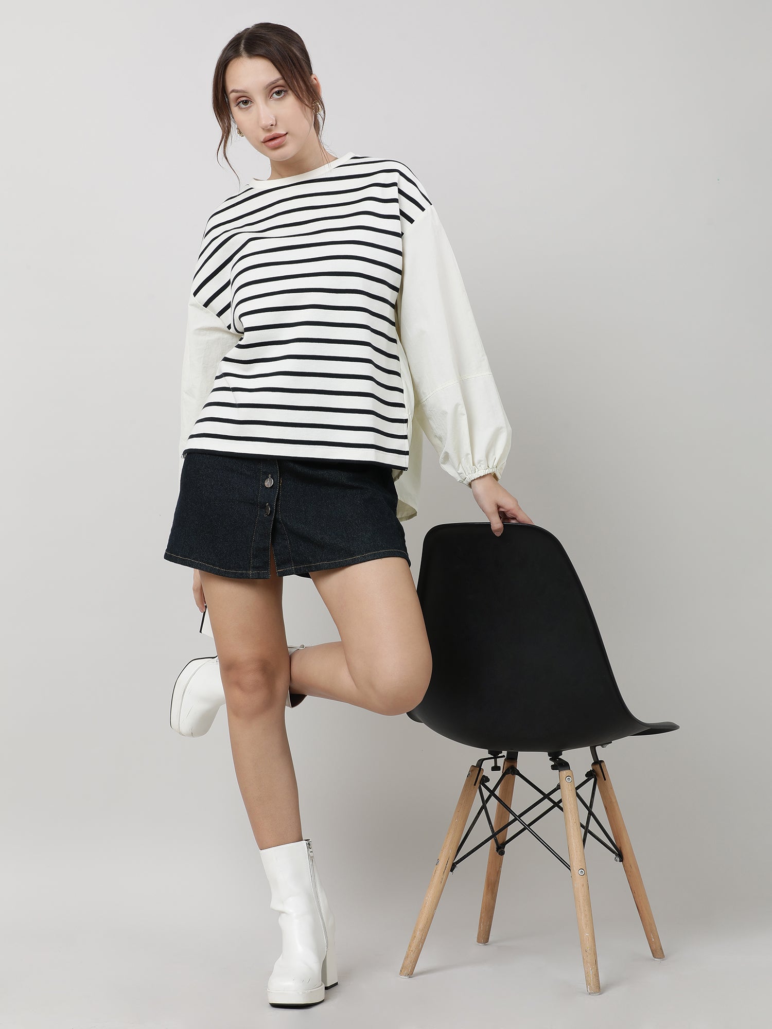 Women Relaxed Fit Cream Striped Top