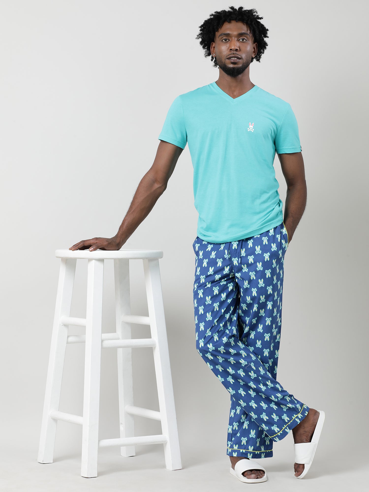 Blue Cotton Ankle Length Lounge Pants