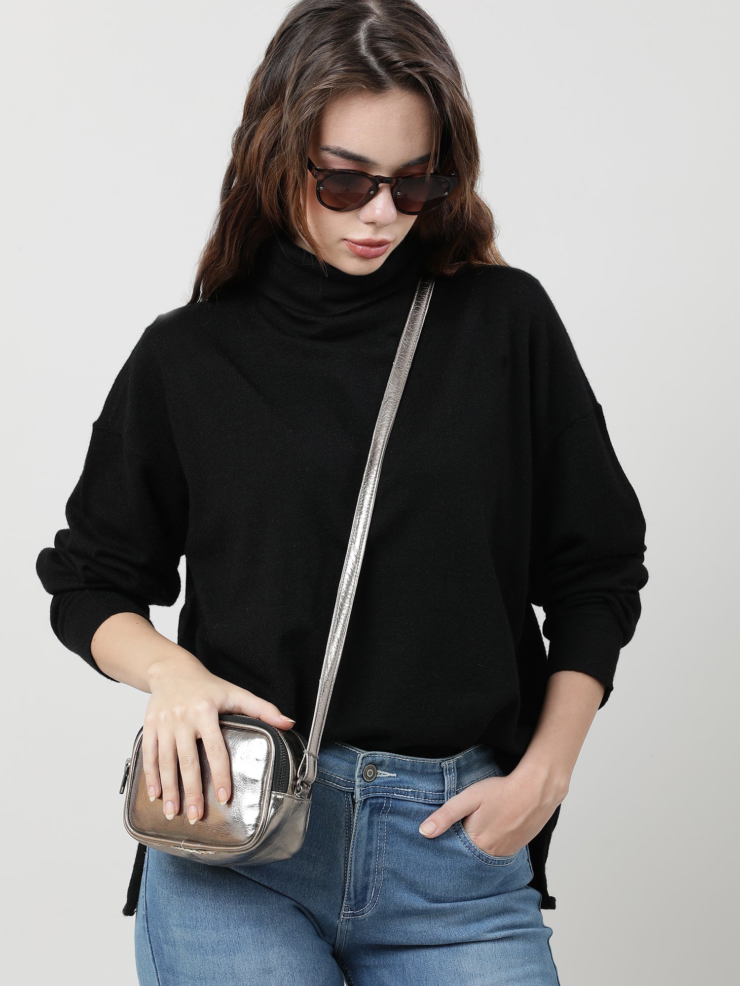 Women Black Turtle Neck Knit Top