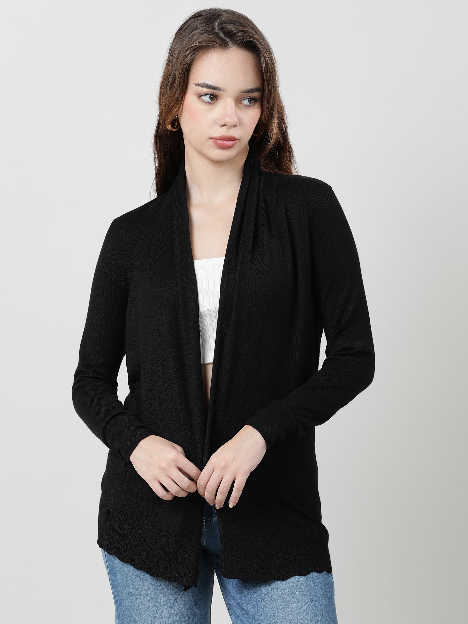 Women Relaxed Fit Front Open Black Shrug