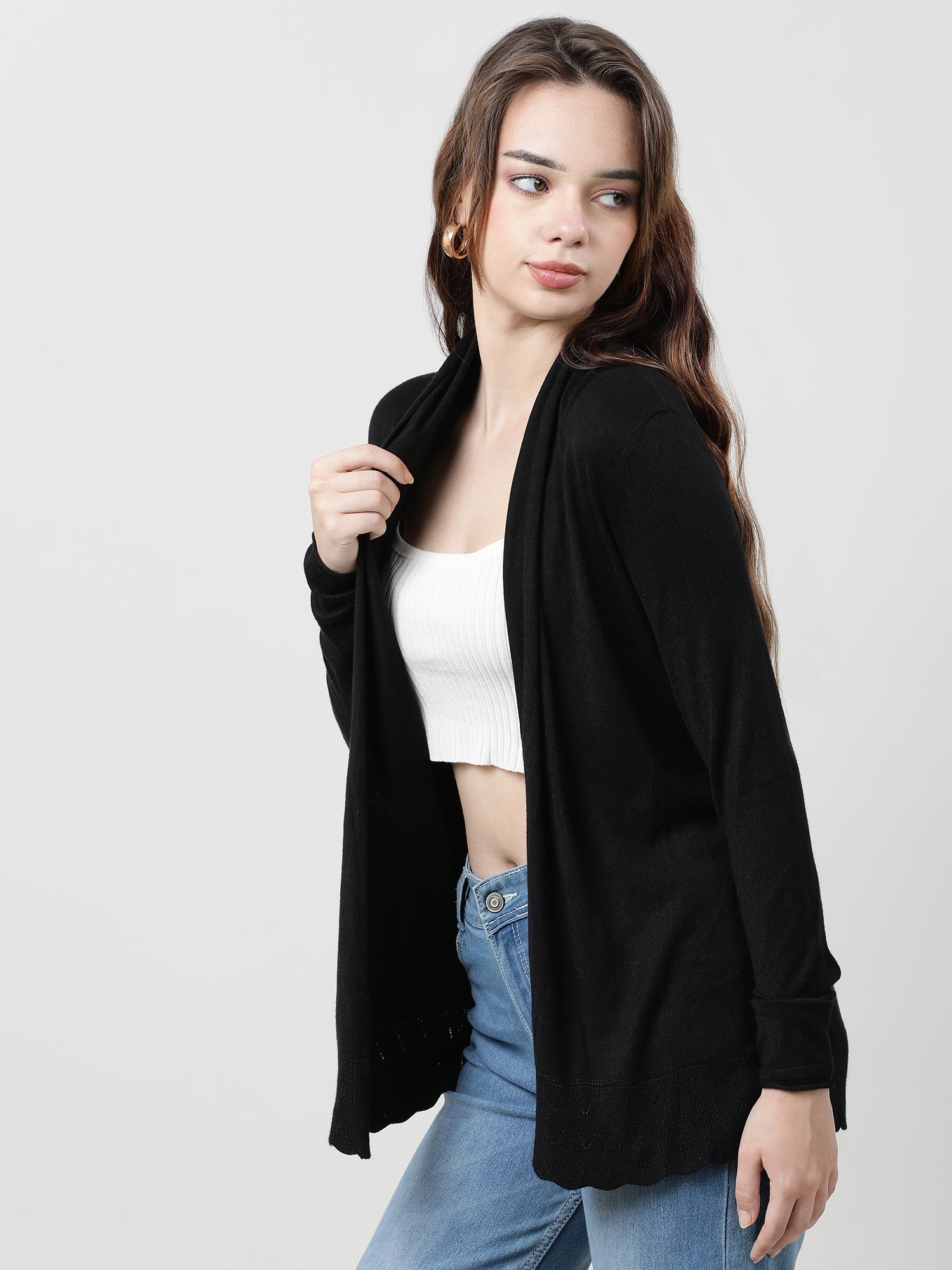 Women Relaxed Fit Front Open Black Shrug