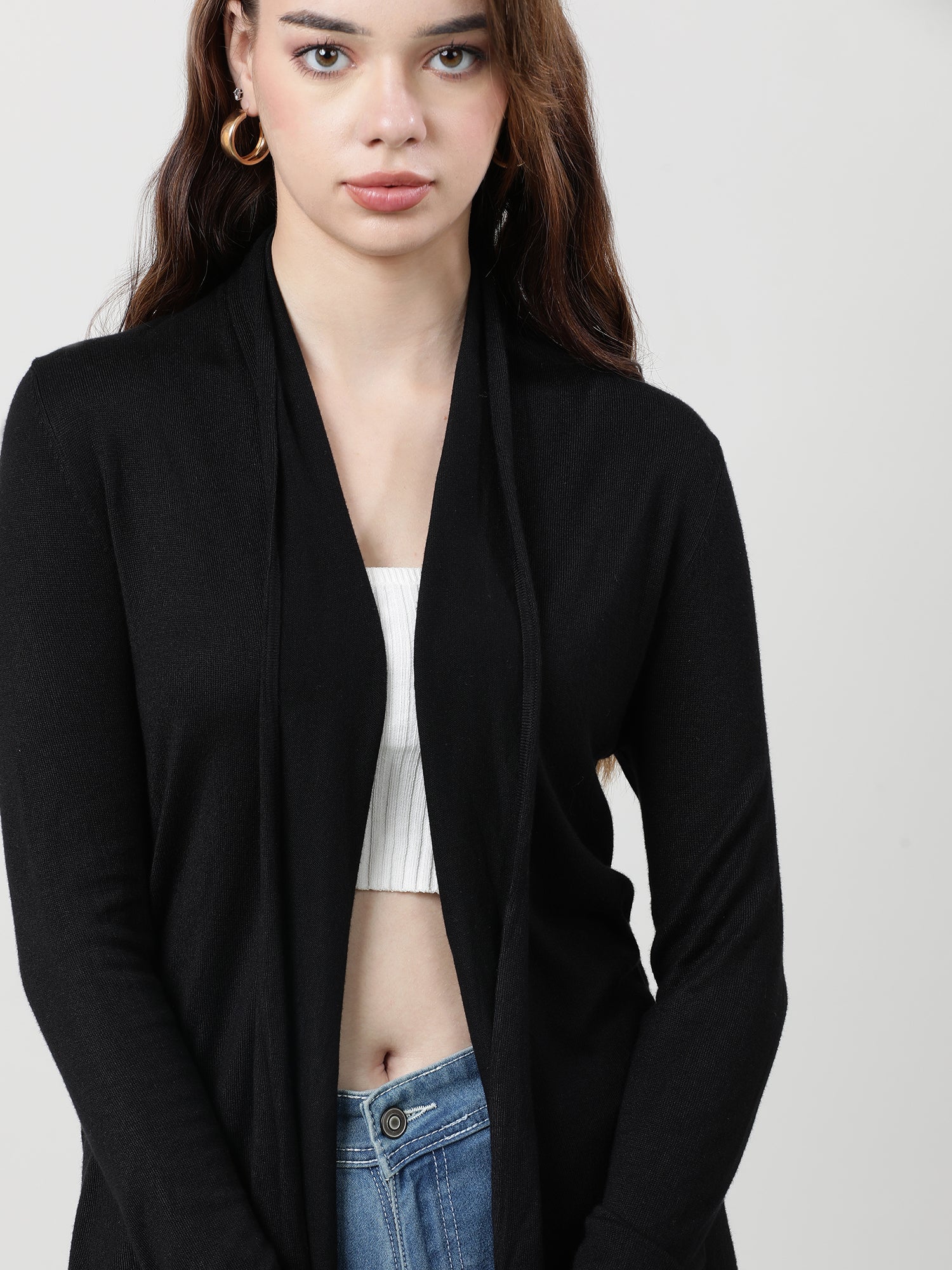 Women Relaxed Fit Front Open Black Shrug