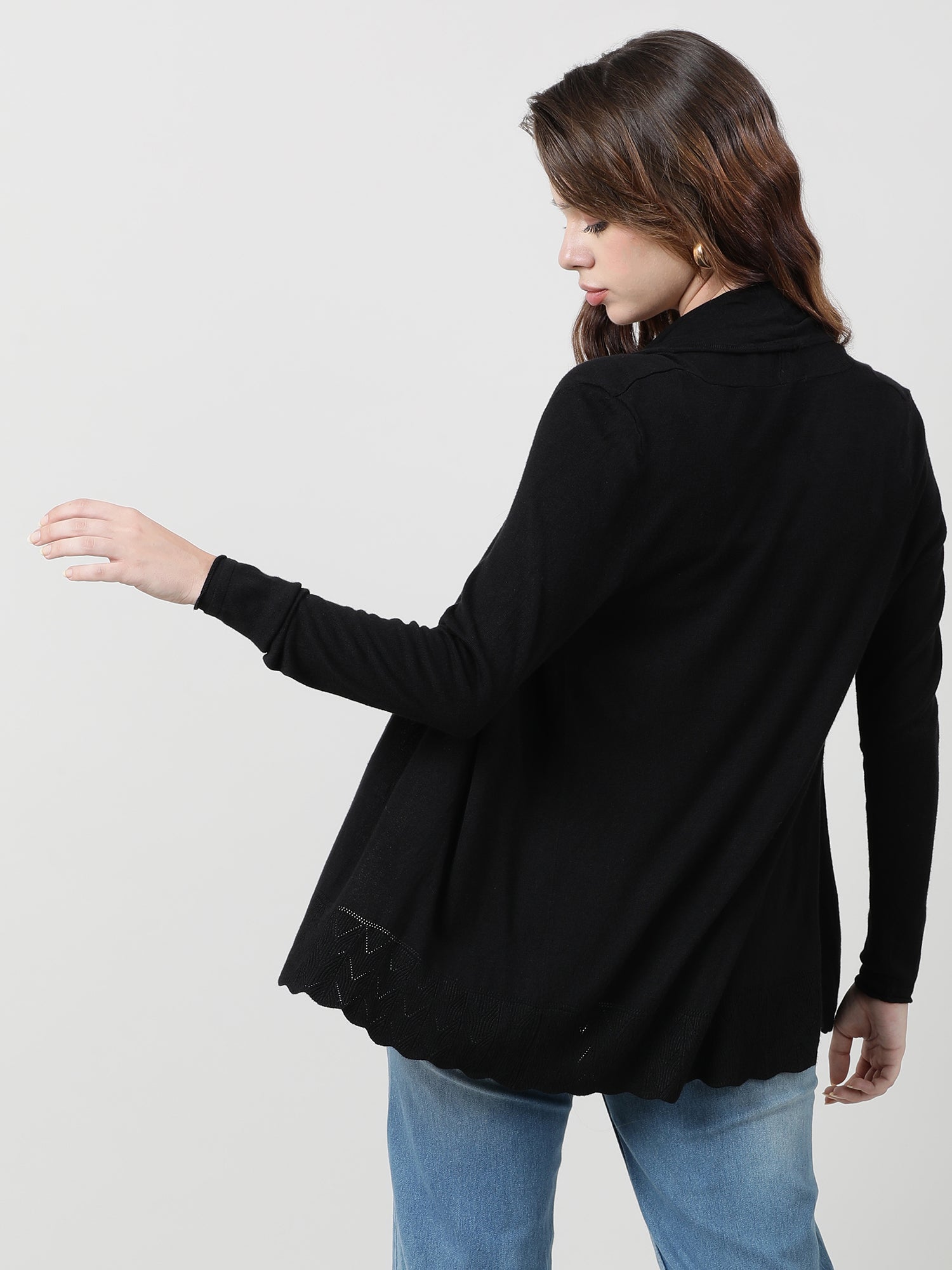 Women Relaxed Fit Front Open Black Shrug