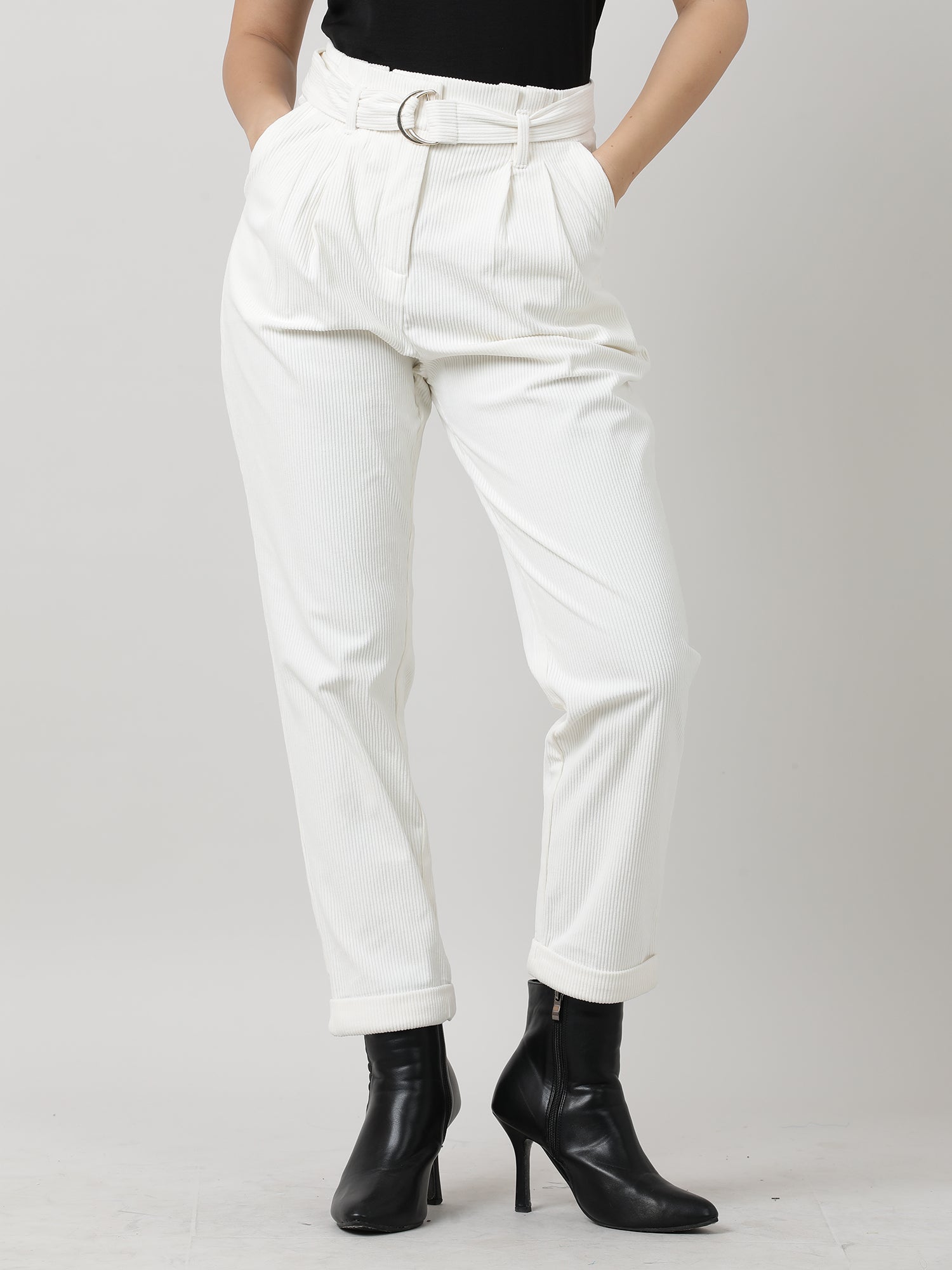 Women Regular Fit Cream Ribbed Pants With Belt