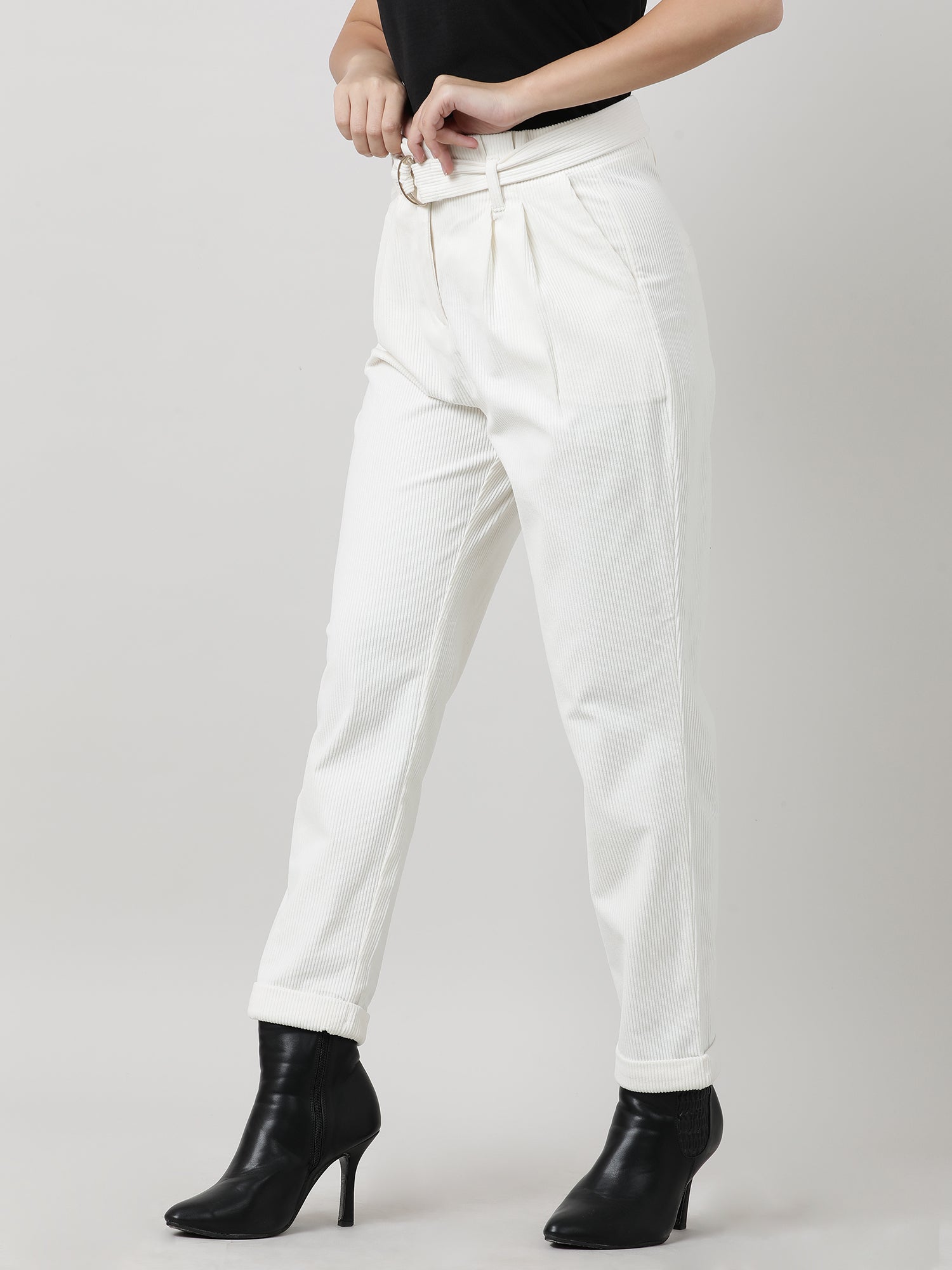 Women Regular Fit Cream Ribbed Pants With Belt