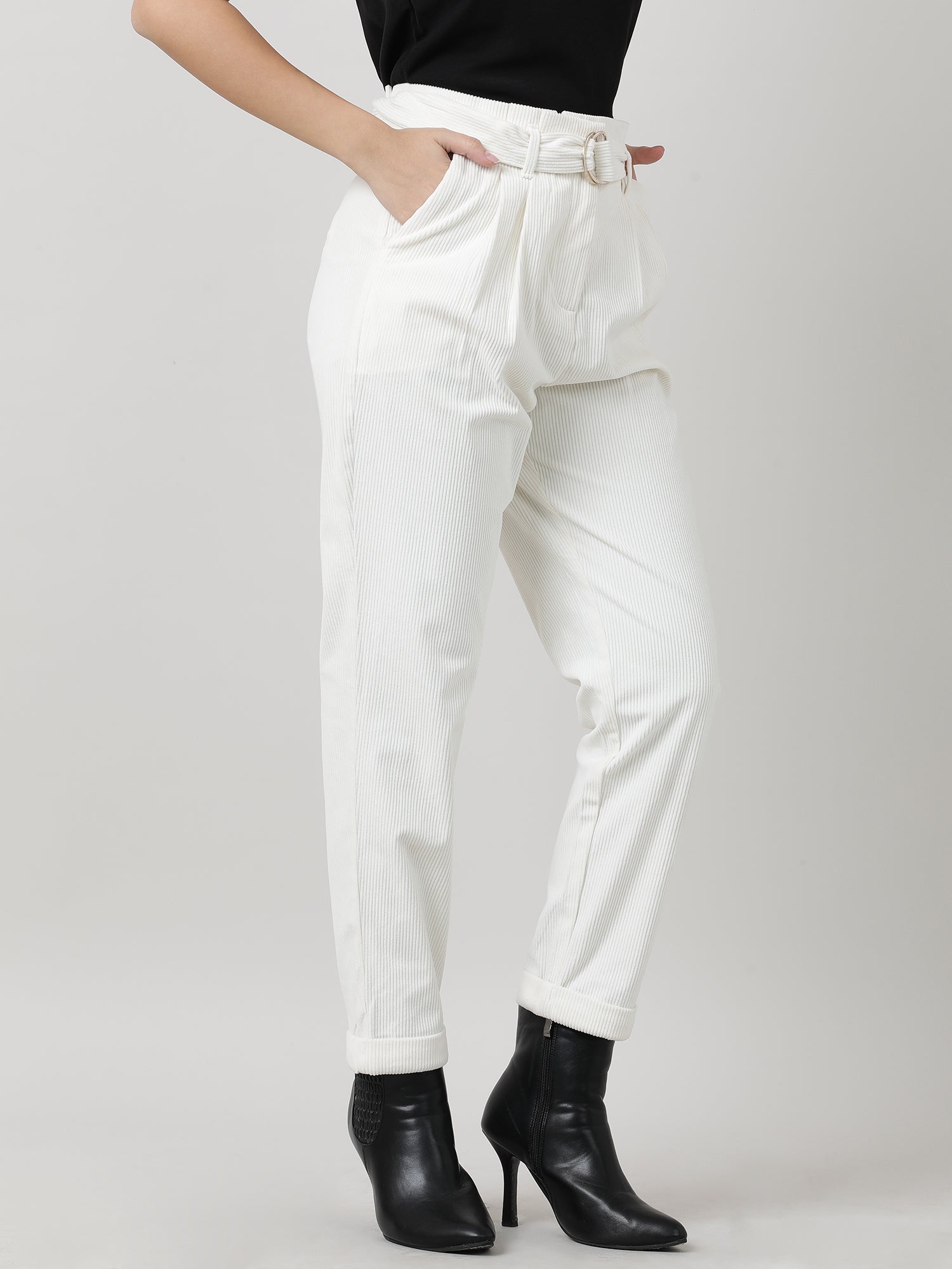 Women Regular Fit Cream Ribbed Pants With Belt