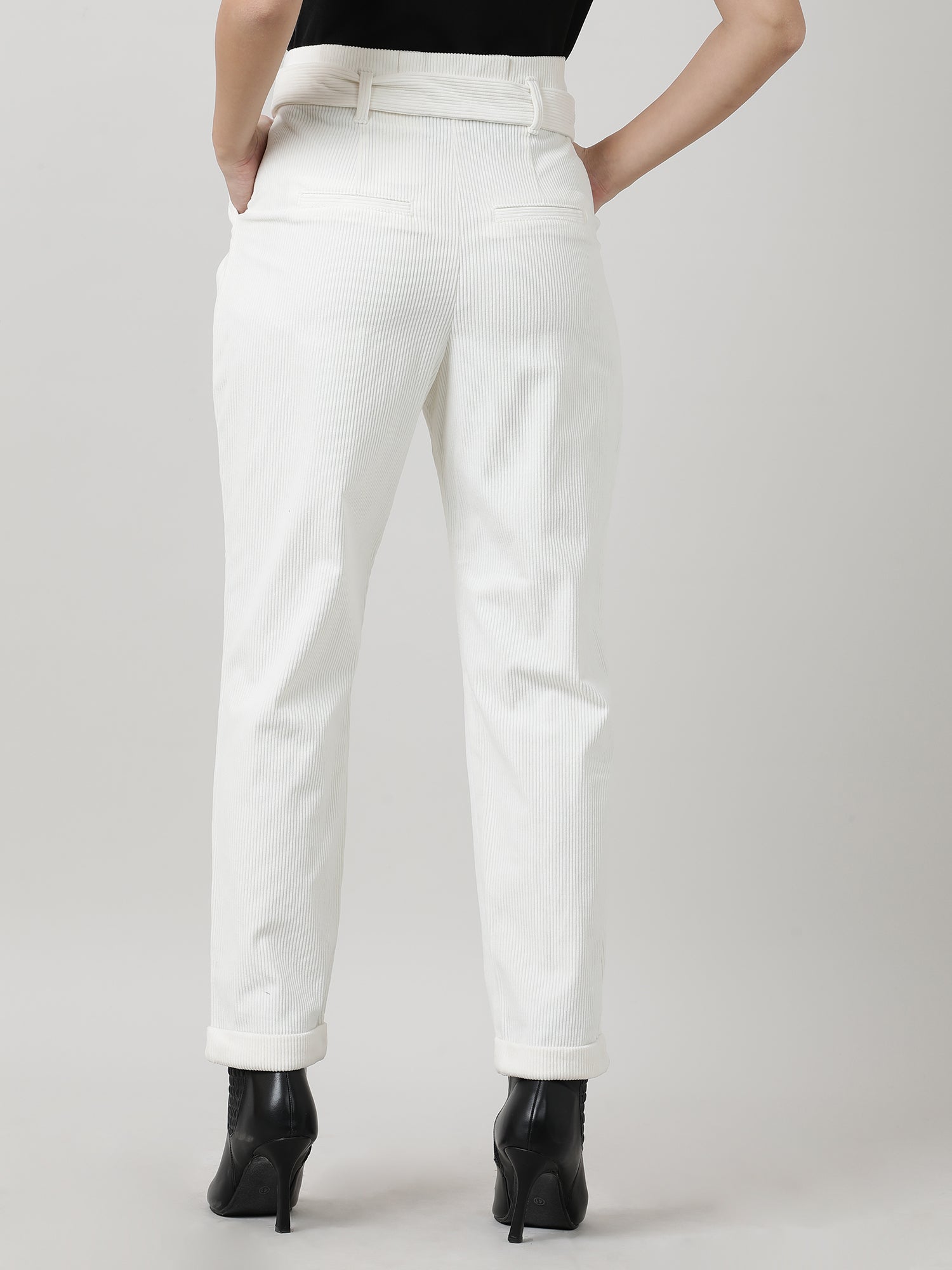 Women Regular Fit Cream Ribbed Pants With Belt