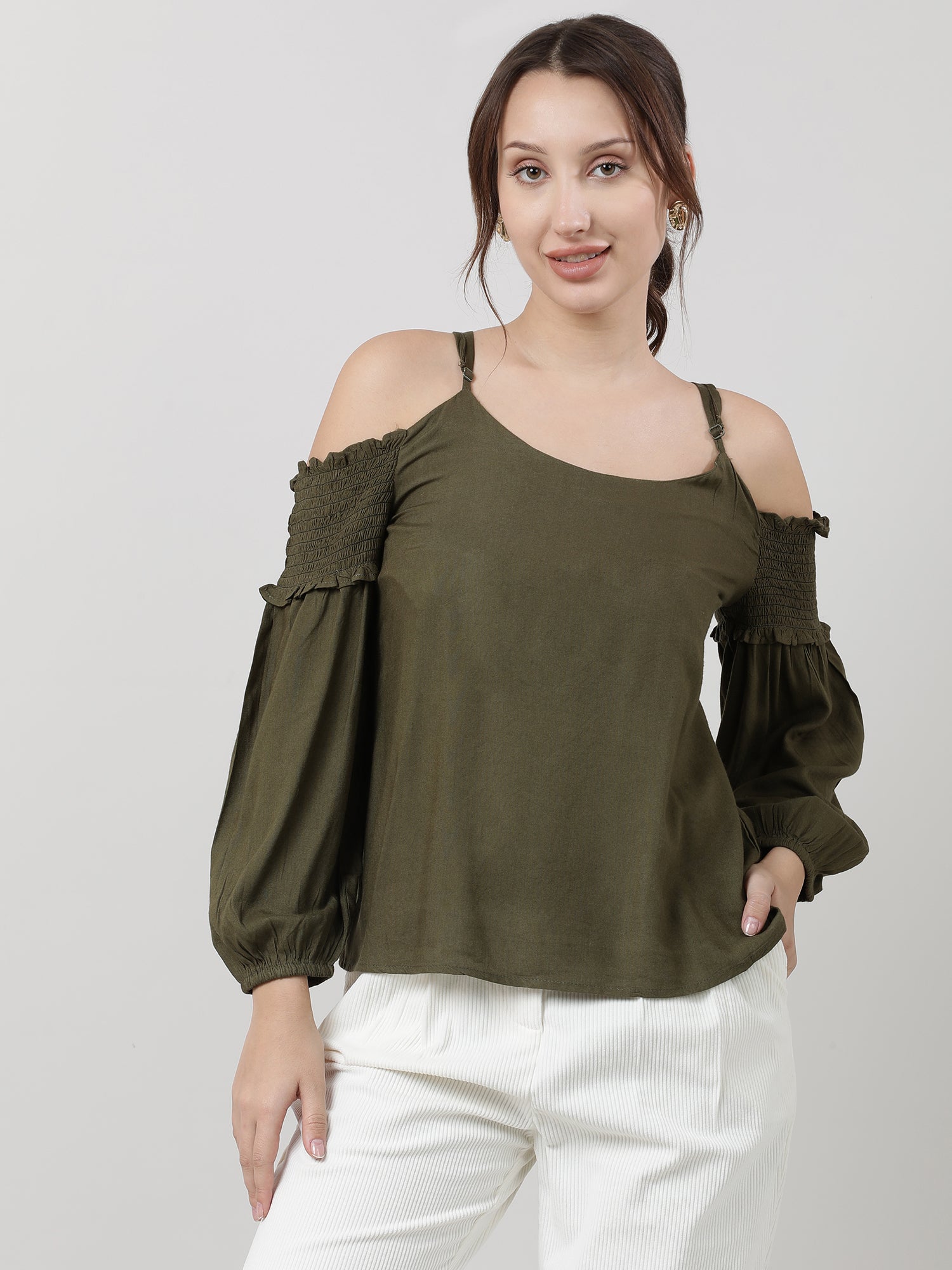 Women Regular Fit Olive Cold Shoulder Top