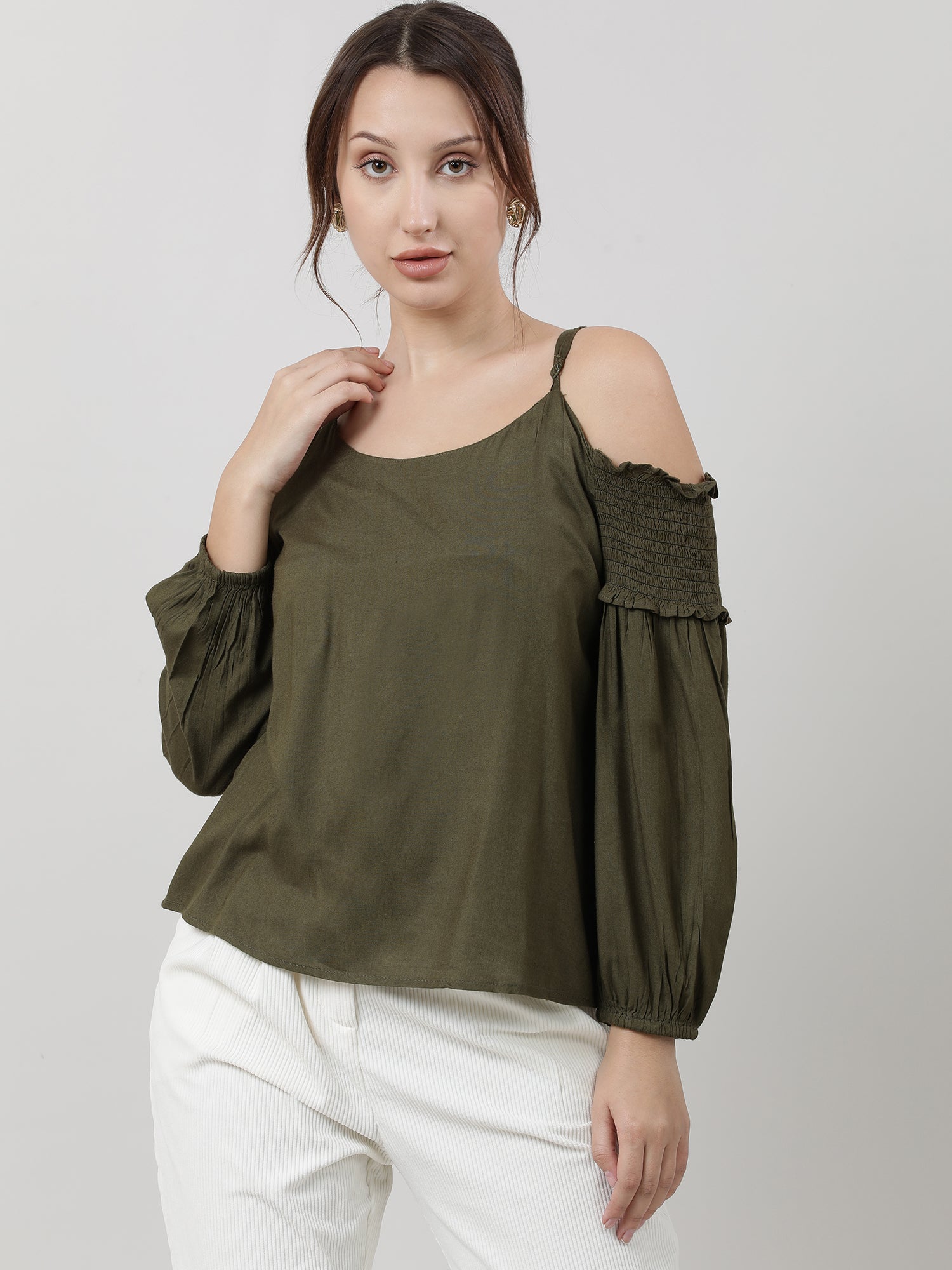 Women Regular Fit Olive Cold Shoulder Top